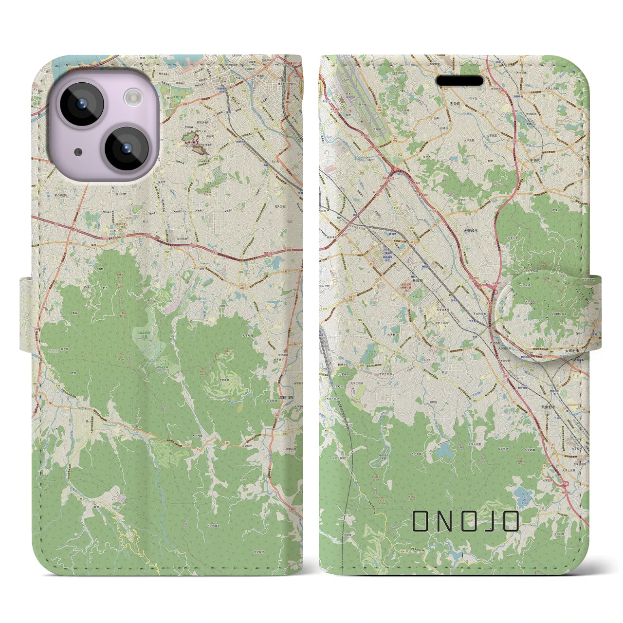 【大野城(福岡県)】地図柄iPhoneケース(手帳タイプ)ナチュラル・iPhone 14 用