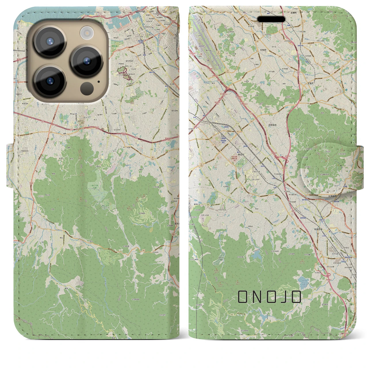【大野城(福岡県)】地図柄iPhoneケース(手帳タイプ)ナチュラル・iPhone 14 Pro Max 用