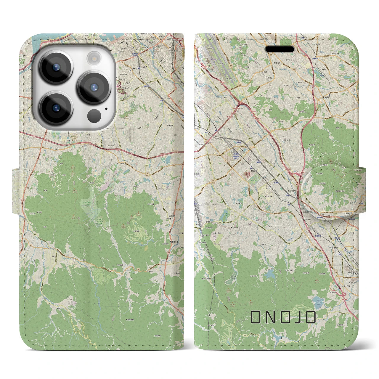 【大野城(福岡県)】地図柄iPhoneケース(手帳タイプ)ナチュラル・iPhone 14 Pro 用