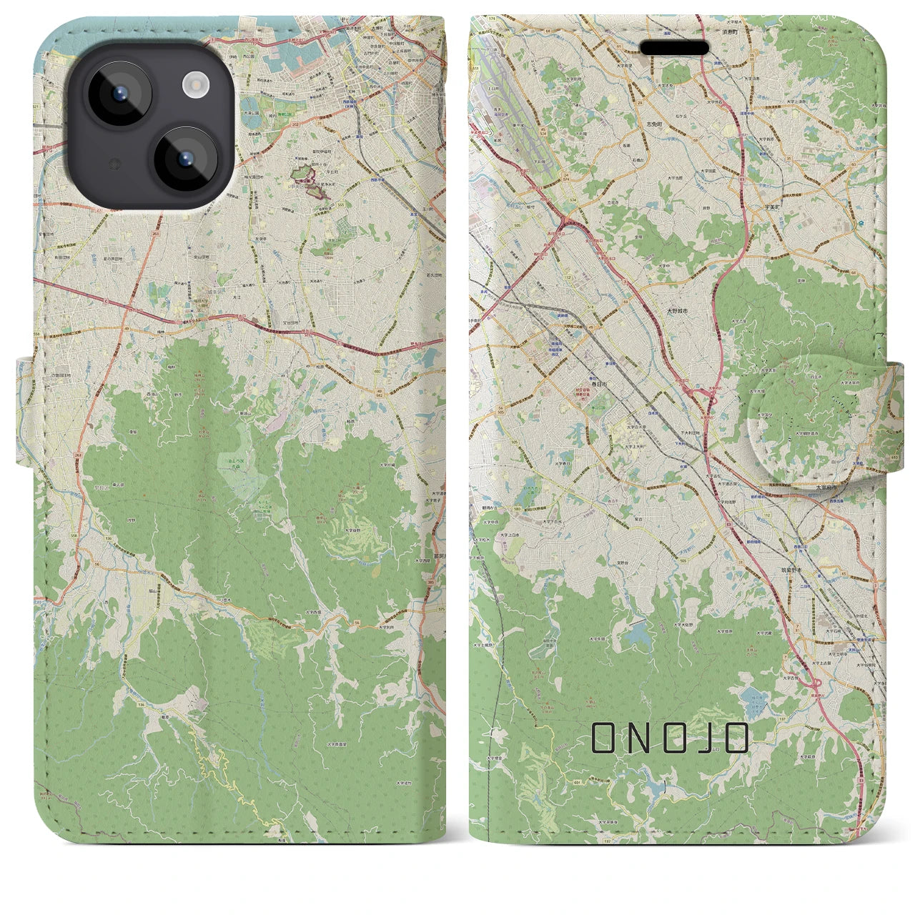 【大野城(福岡県)】地図柄iPhoneケース(手帳タイプ)ナチュラル・iPhone 14 Plus 用