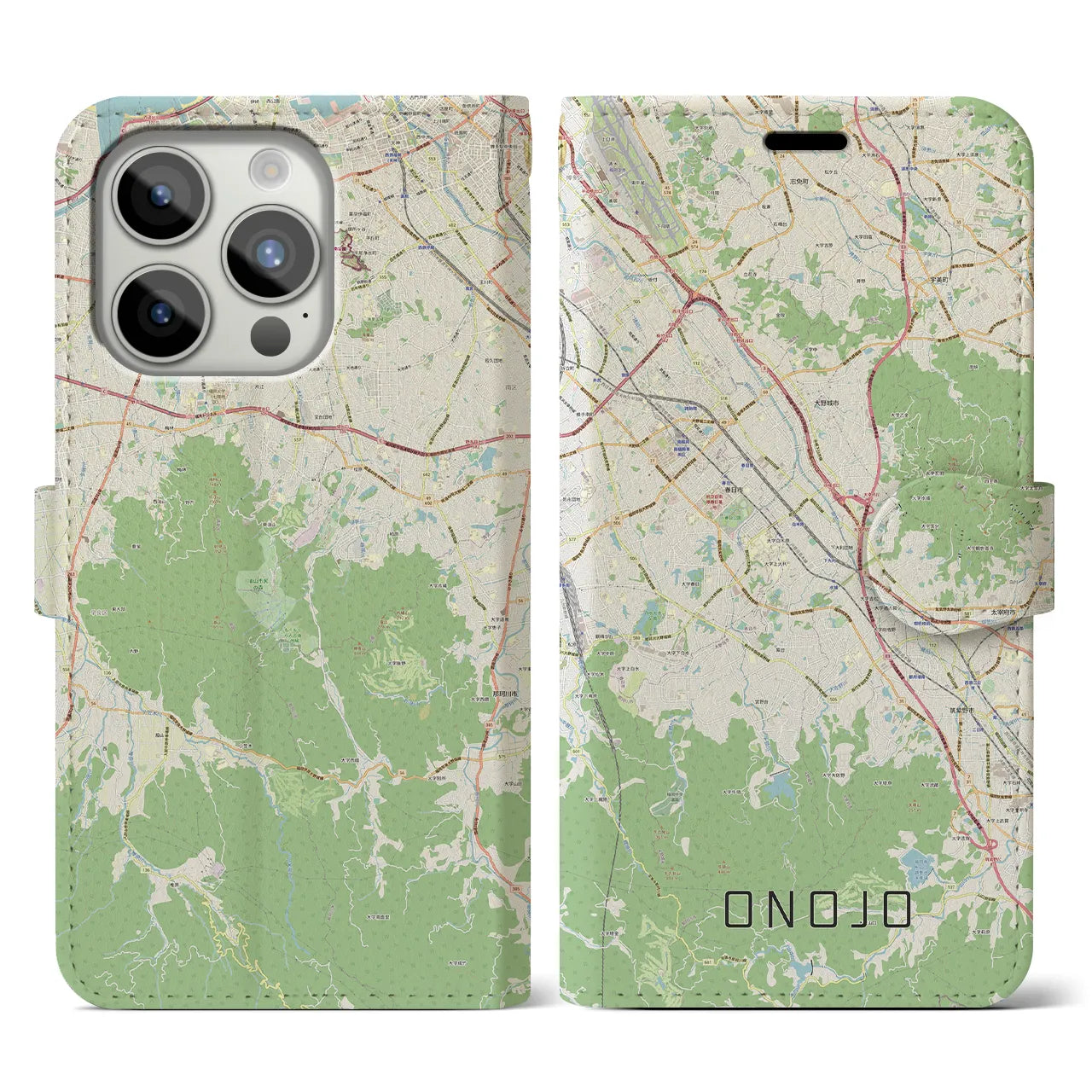 【大野城(福岡県)】地図柄iPhoneケース(手帳タイプ)ナチュラル・iPhone 15 Pro 用