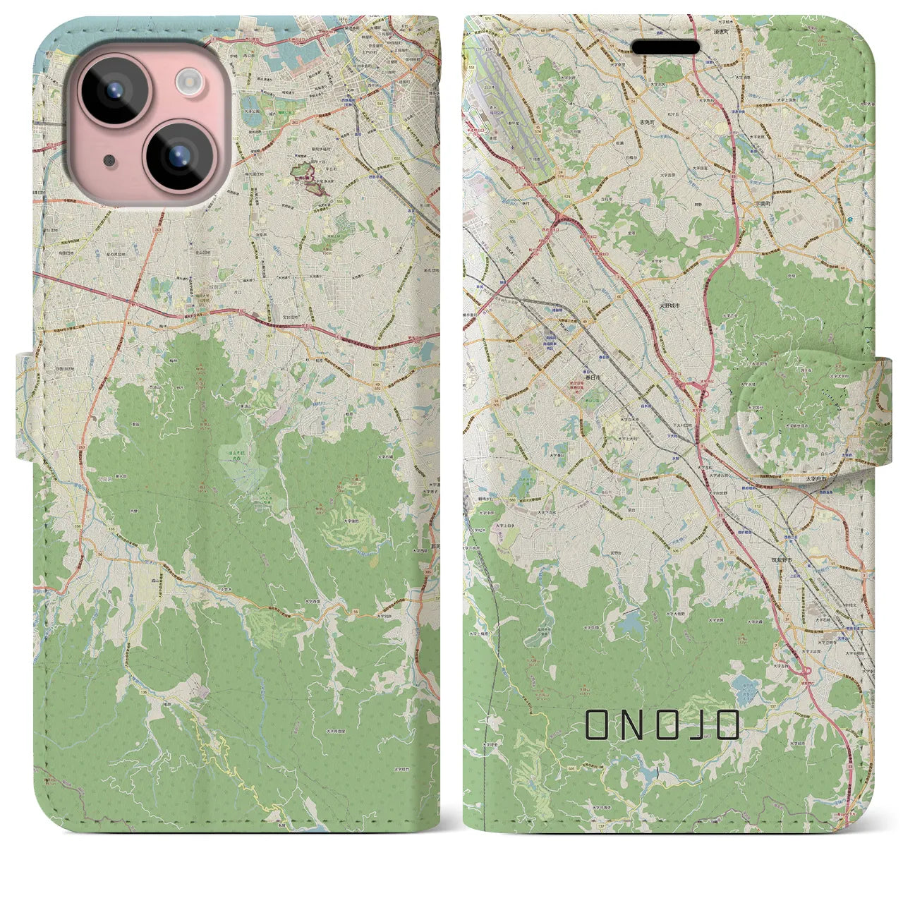 【大野城(福岡県)】地図柄iPhoneケース(手帳タイプ)ナチュラル・iPhone 15 Plus 用