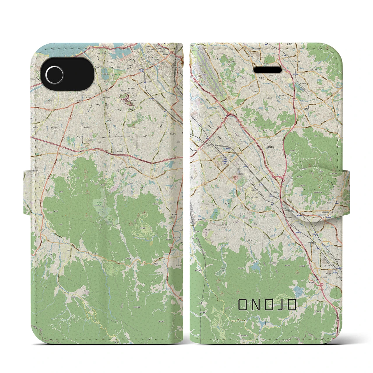 【大野城(福岡県)】地図柄iPhoneケース(手帳タイプ)ナチュラル・iPhone SE(第3 / 第2世代) / 8 / 7 / 6s / 6 用