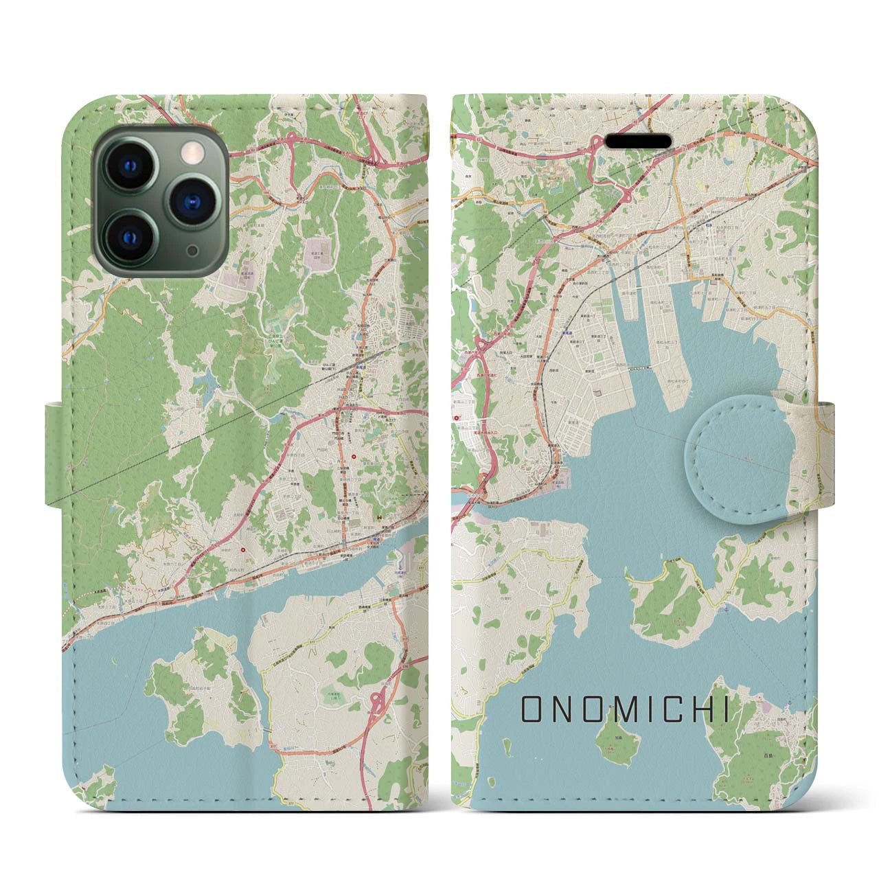 【尾道(広島県)】地図柄iPhoneケース(手帳タイプ)ナチュラル・iPhone 11 Pro 用