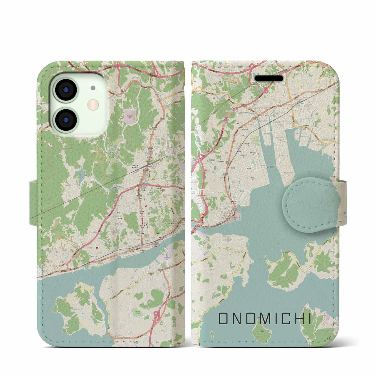 【尾道(広島県)】地図柄iPhoneケース(手帳タイプ)ナチュラル・iPhone 12 mini 用
