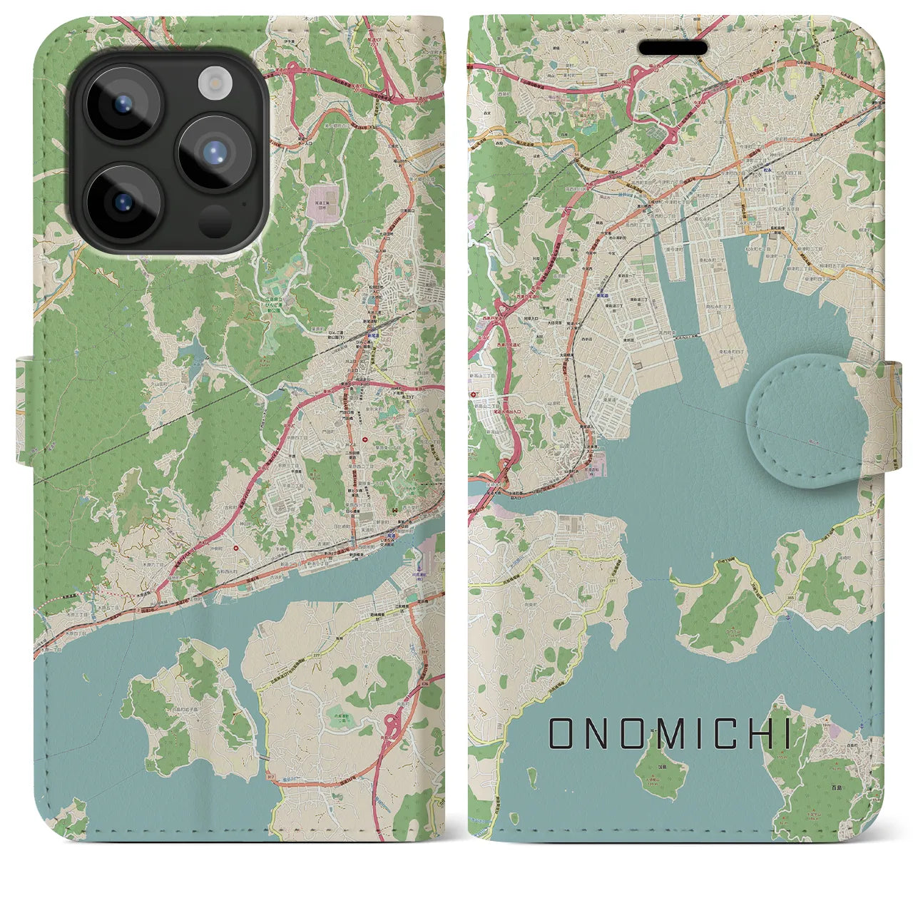 【尾道(広島県)】地図柄iPhoneケース(手帳タイプ)ナチュラル・iPhone 15 Pro Max 用