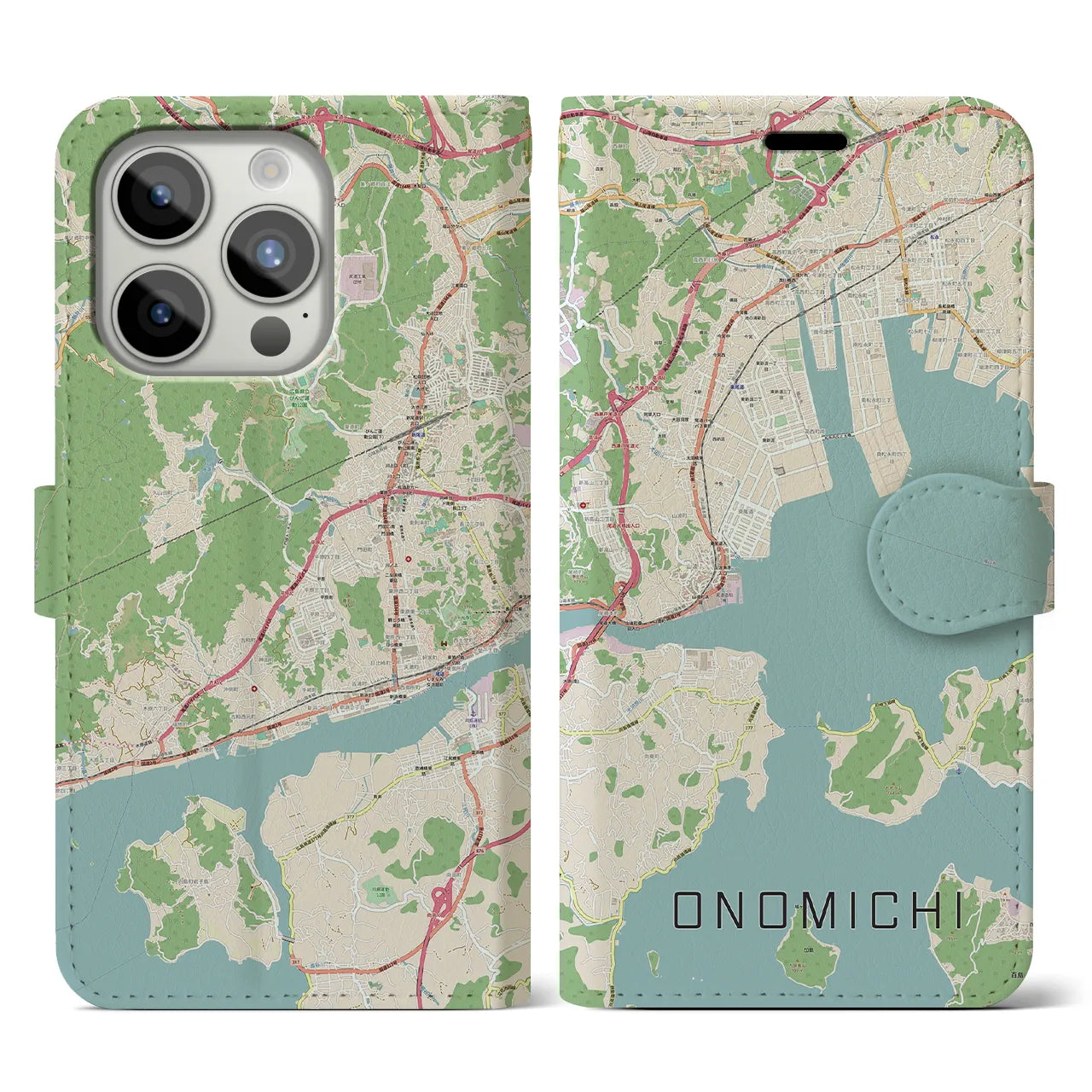 【尾道(広島県)】地図柄iPhoneケース(手帳タイプ)ナチュラル・iPhone 15 Pro 用