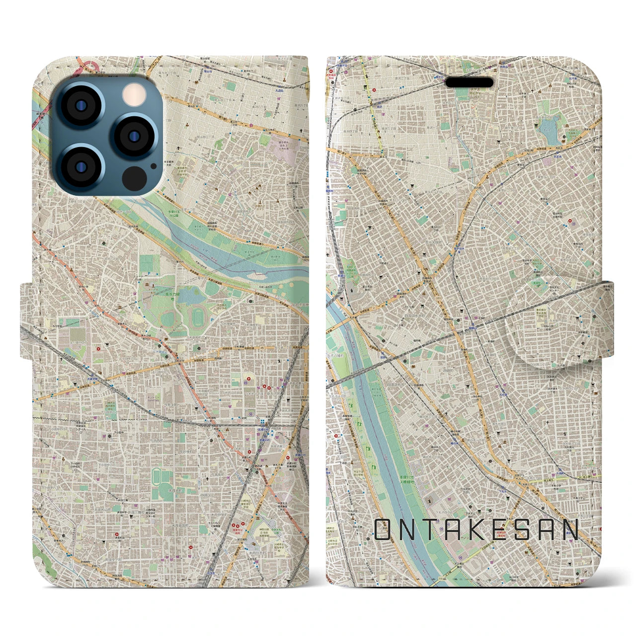 【御嶽山(東京都)】地図柄iPhoneケース(手帳タイプ)ナチュラル・iPhone 12 / 12 Pro 用