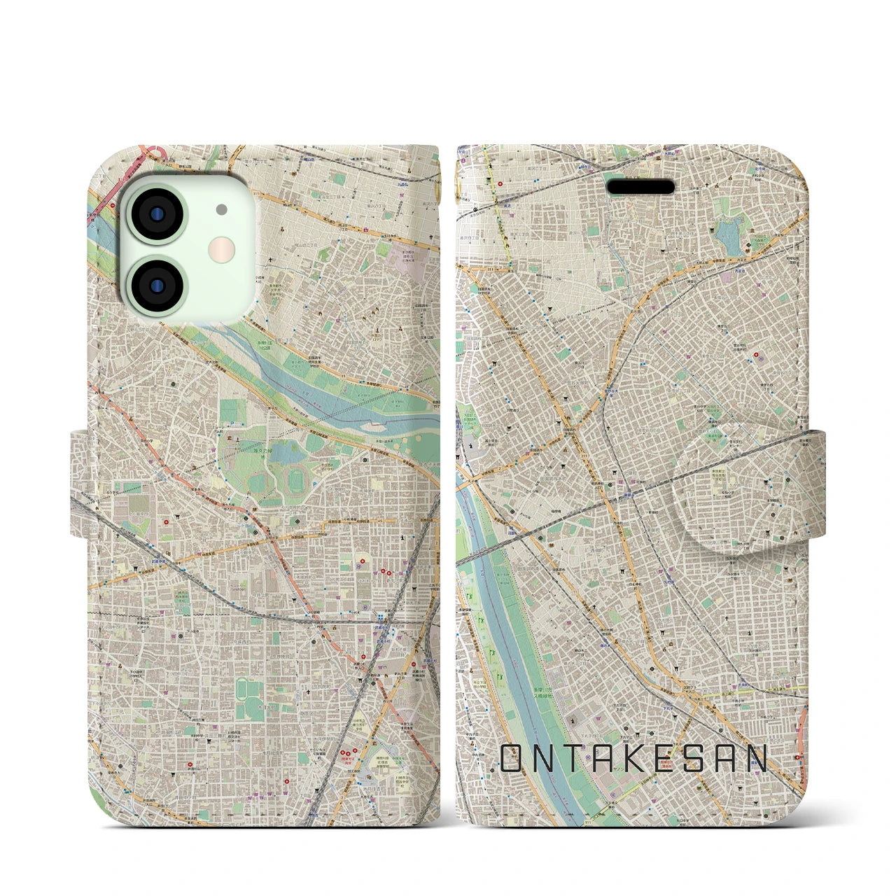 【御嶽山(東京都)】地図柄iPhoneケース(手帳タイプ)ナチュラル・iPhone 12 mini 用