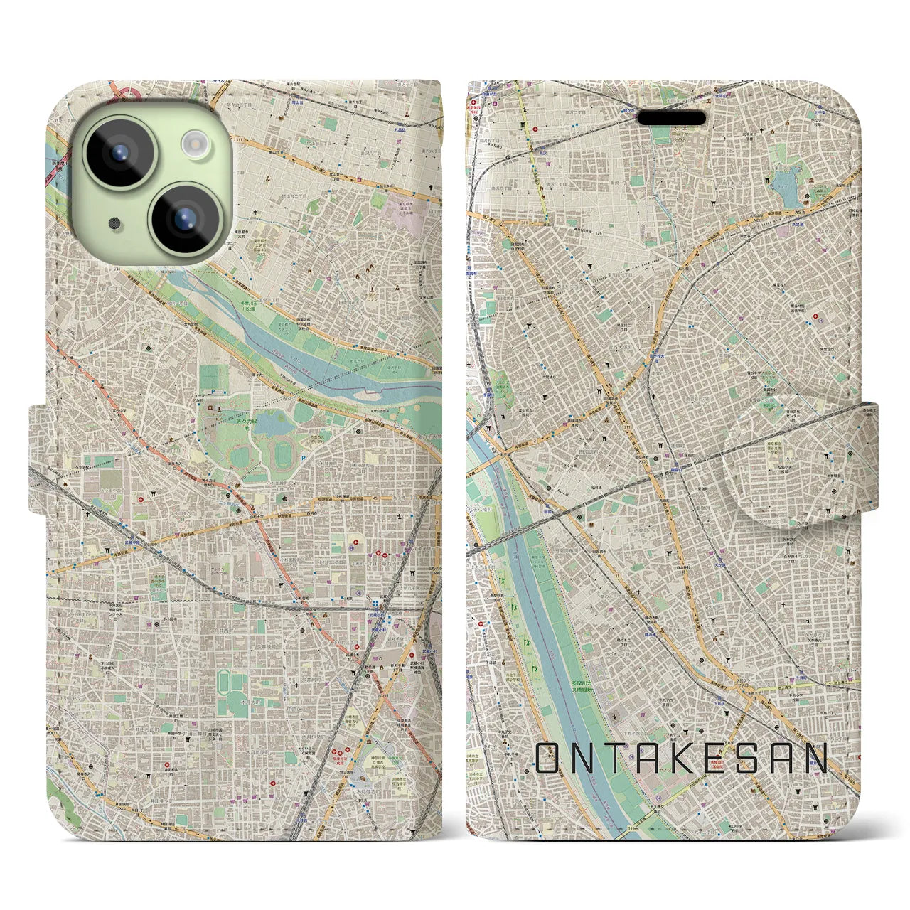【御嶽山(東京都)】地図柄iPhoneケース(手帳タイプ)ナチュラル・iPhone 15 用