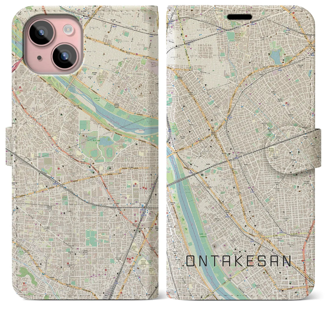 【御嶽山(東京都)】地図柄iPhoneケース(手帳タイプ)ナチュラル・iPhone 15 Plus 用