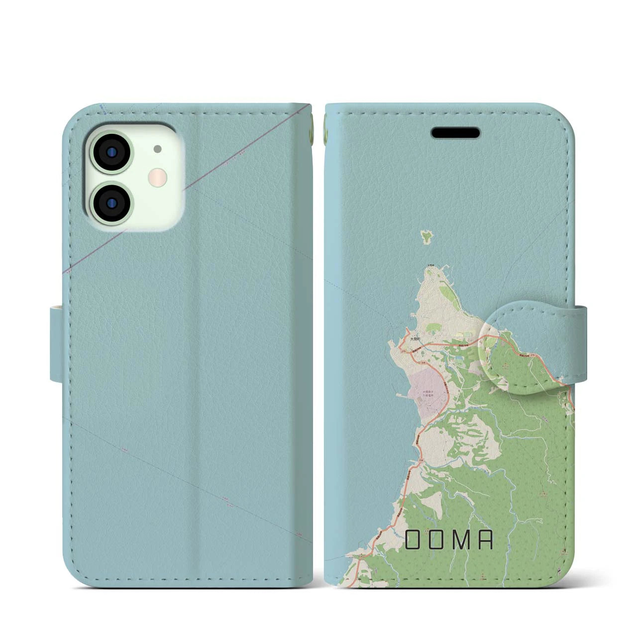 【大間(青森県)】地図柄iPhoneケース(手帳タイプ)ナチュラル・iPhone 12 mini 用