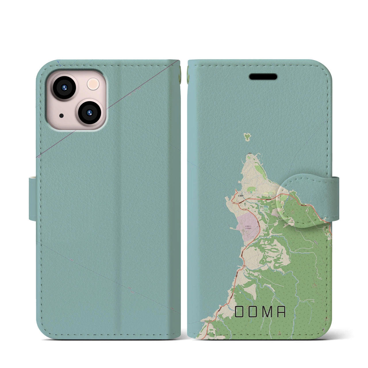 【大間(青森県)】地図柄iPhoneケース(手帳タイプ)ナチュラル・iPhone 13 mini 用