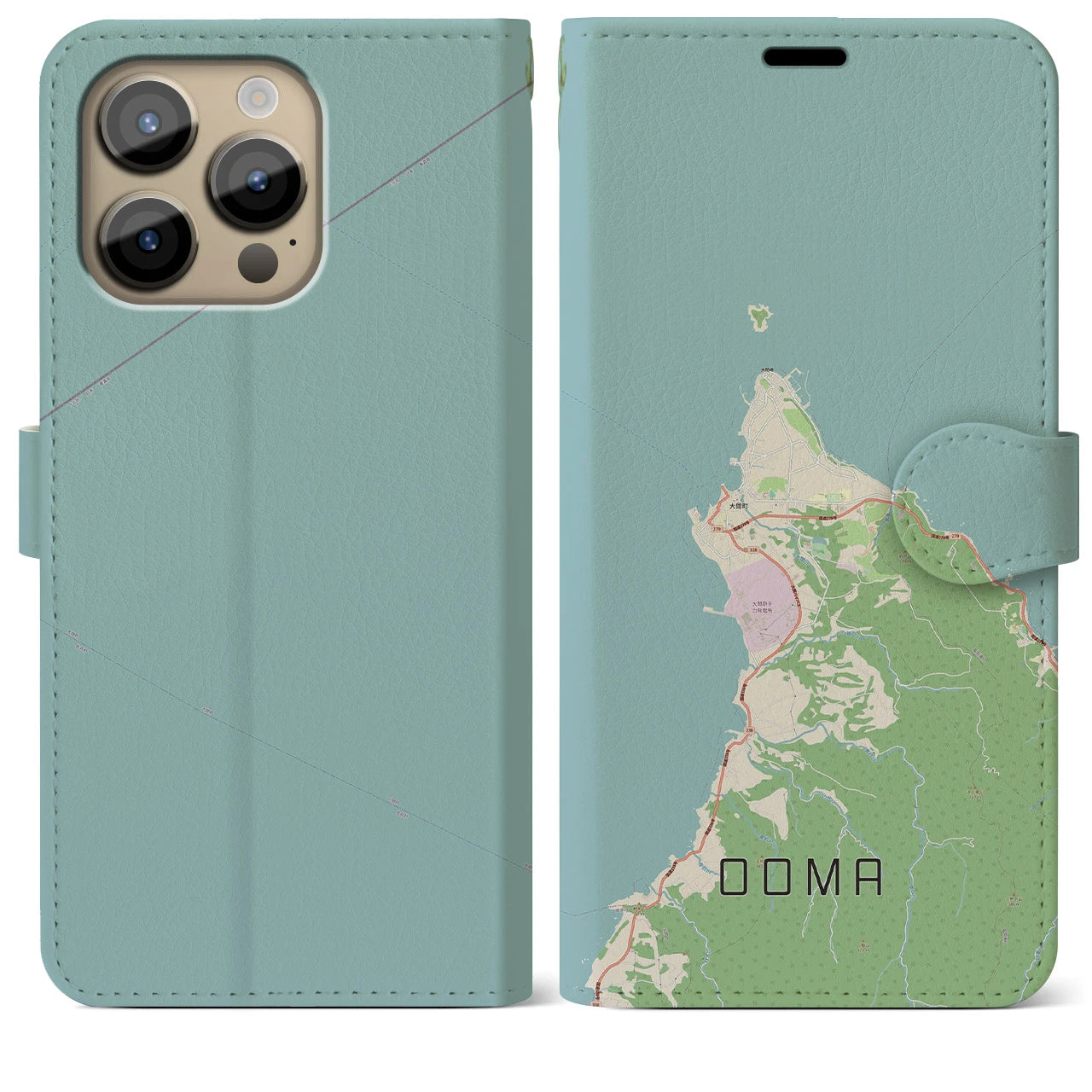 【大間(青森県)】地図柄iPhoneケース(手帳タイプ)ナチュラル・iPhone 14 Pro Max 用