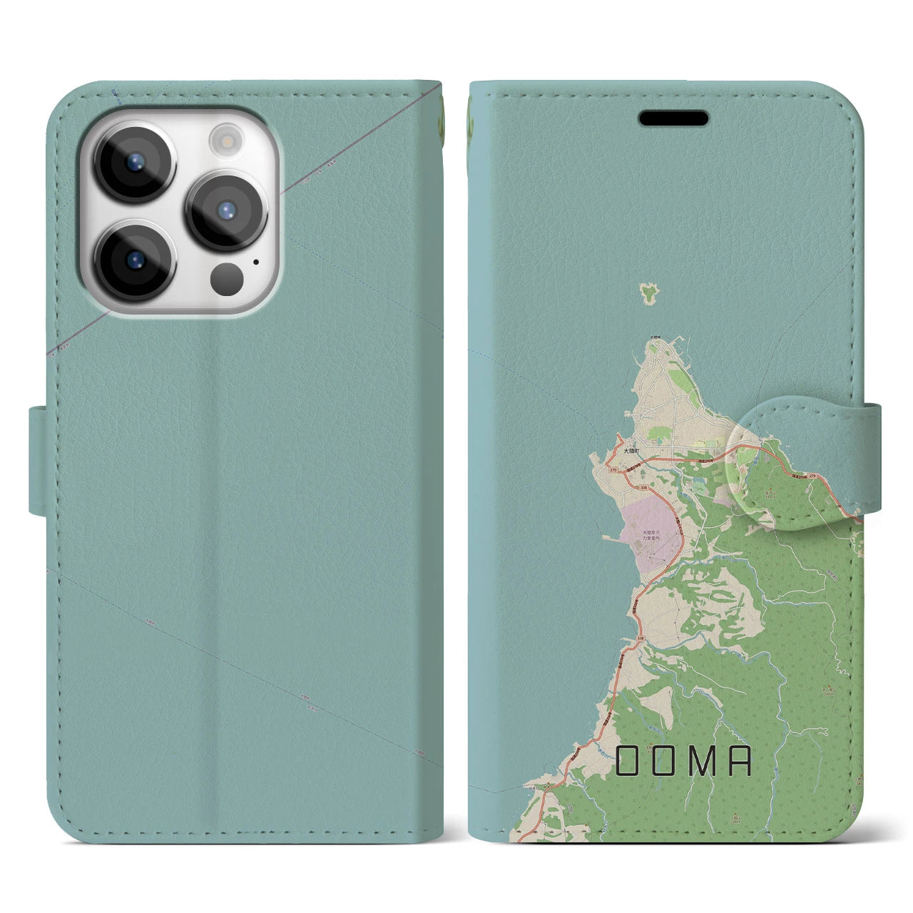 【大間(青森県)】地図柄iPhoneケース(手帳タイプ)ナチュラル・iPhone 14 Pro 用