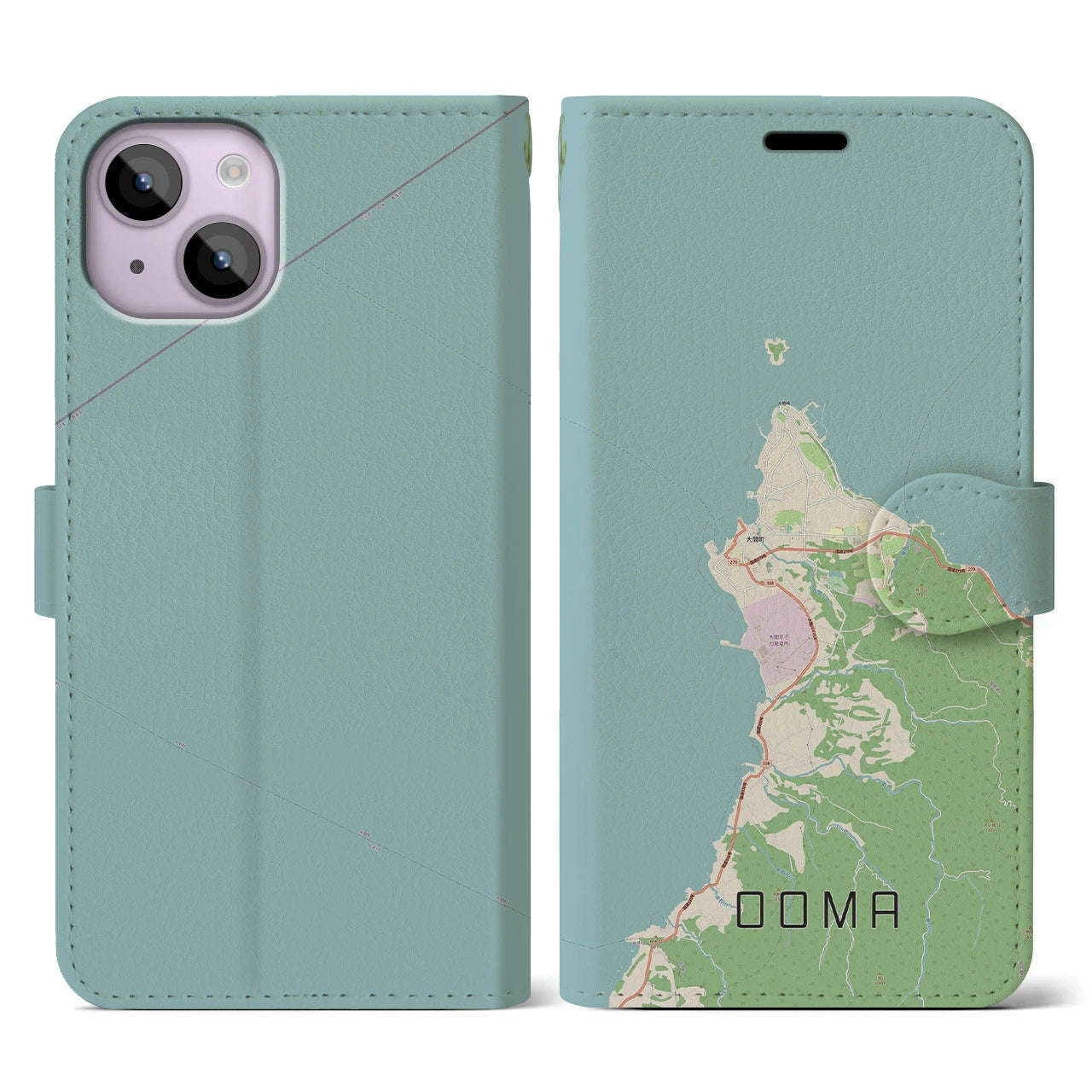 【大間(青森県)】地図柄iPhoneケース(手帳タイプ)ナチュラル・iPhone 14 用