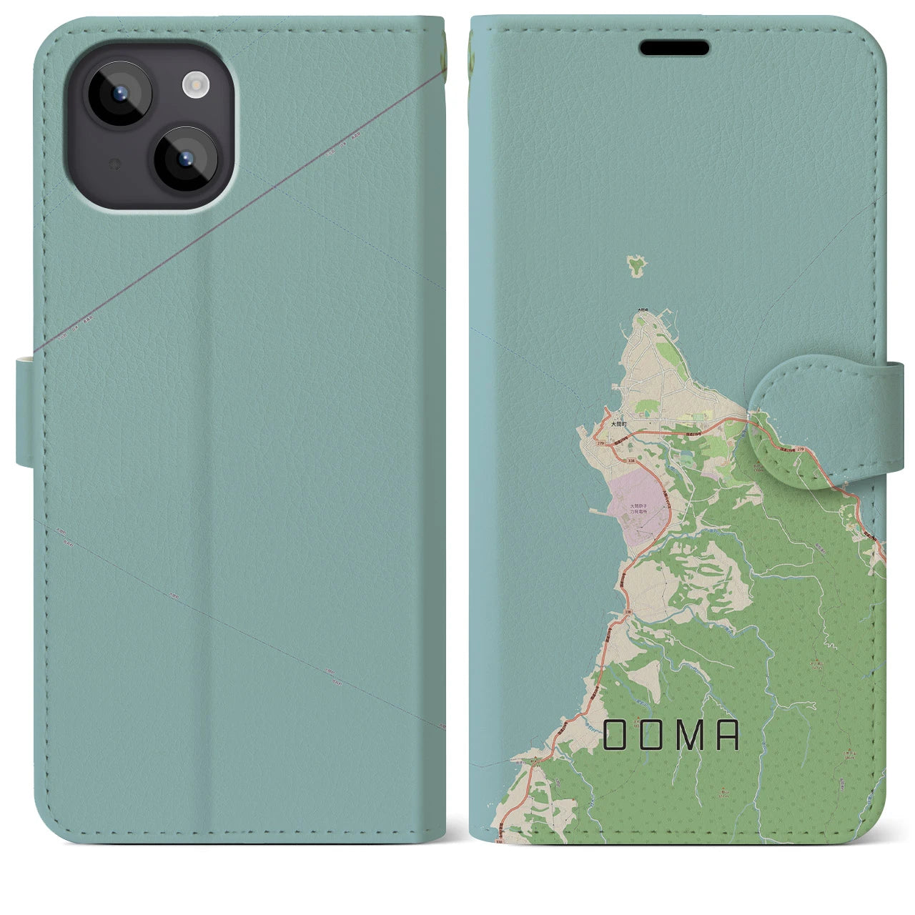 【大間(青森県)】地図柄iPhoneケース(手帳タイプ)ナチュラル・iPhone 14 Plus 用