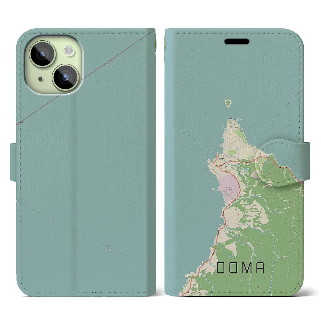 【大間(青森県)】地図柄iPhoneケース(手帳タイプ)ナチュラル・iPhone 15 用
