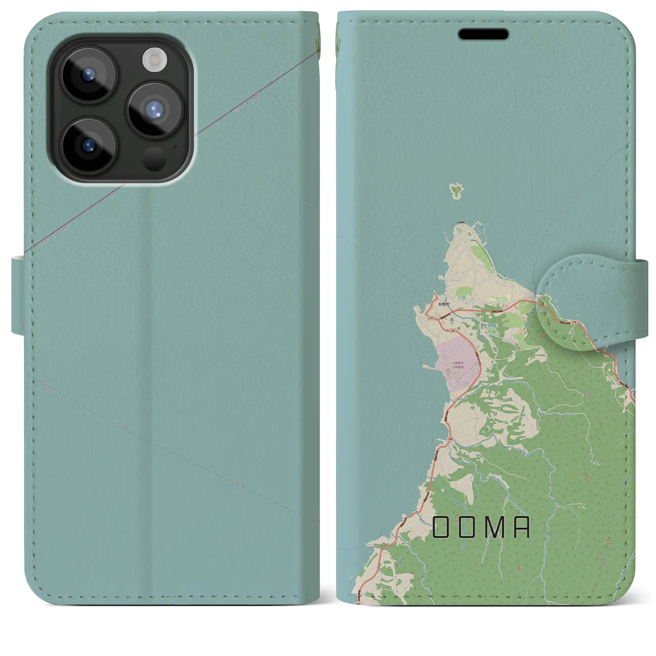 【大間(青森県)】地図柄iPhoneケース(手帳タイプ)ナチュラル・iPhone 15 Pro Max 用