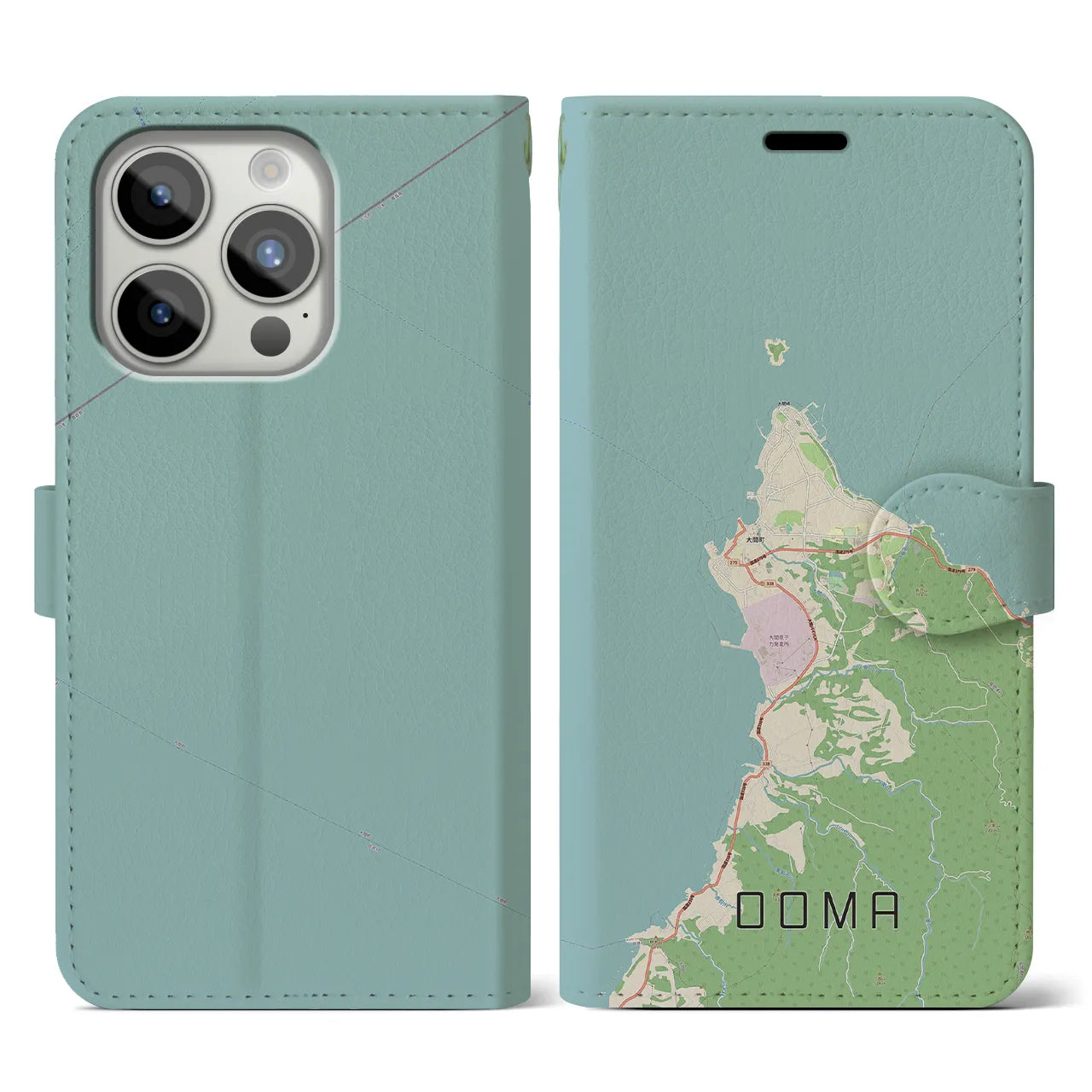 【大間(青森県)】地図柄iPhoneケース(手帳タイプ)ナチュラル・iPhone 15 Pro 用