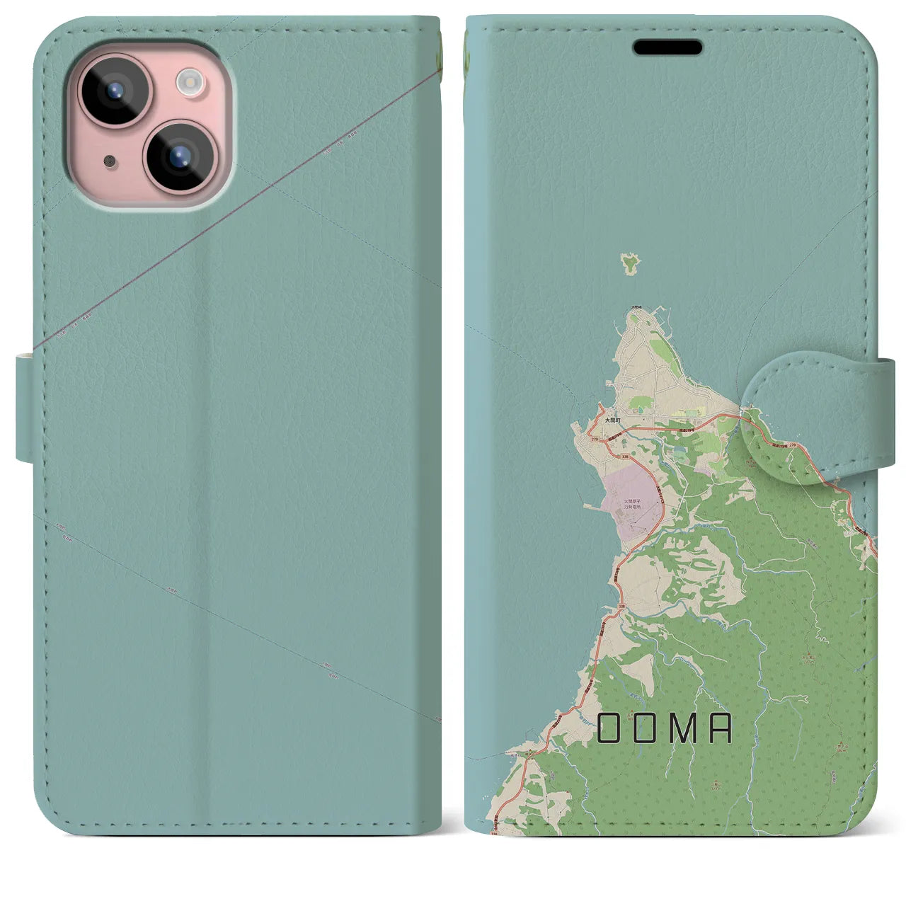 【大間(青森県)】地図柄iPhoneケース(手帳タイプ)ナチュラル・iPhone 15 Plus 用