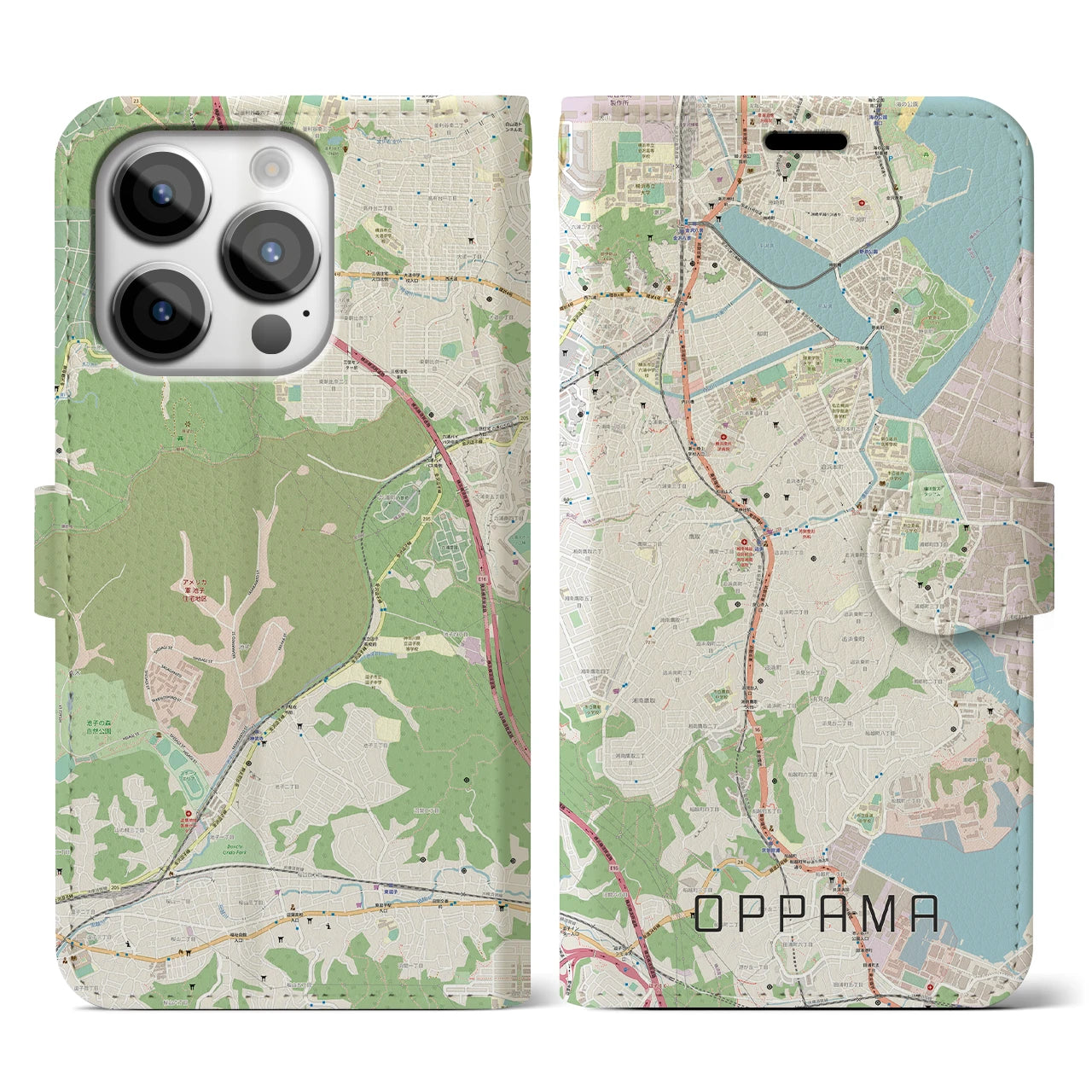 【追浜(神奈川県)】地図柄iPhoneケース(手帳タイプ)ナチュラル・iPhone 14 Pro 用