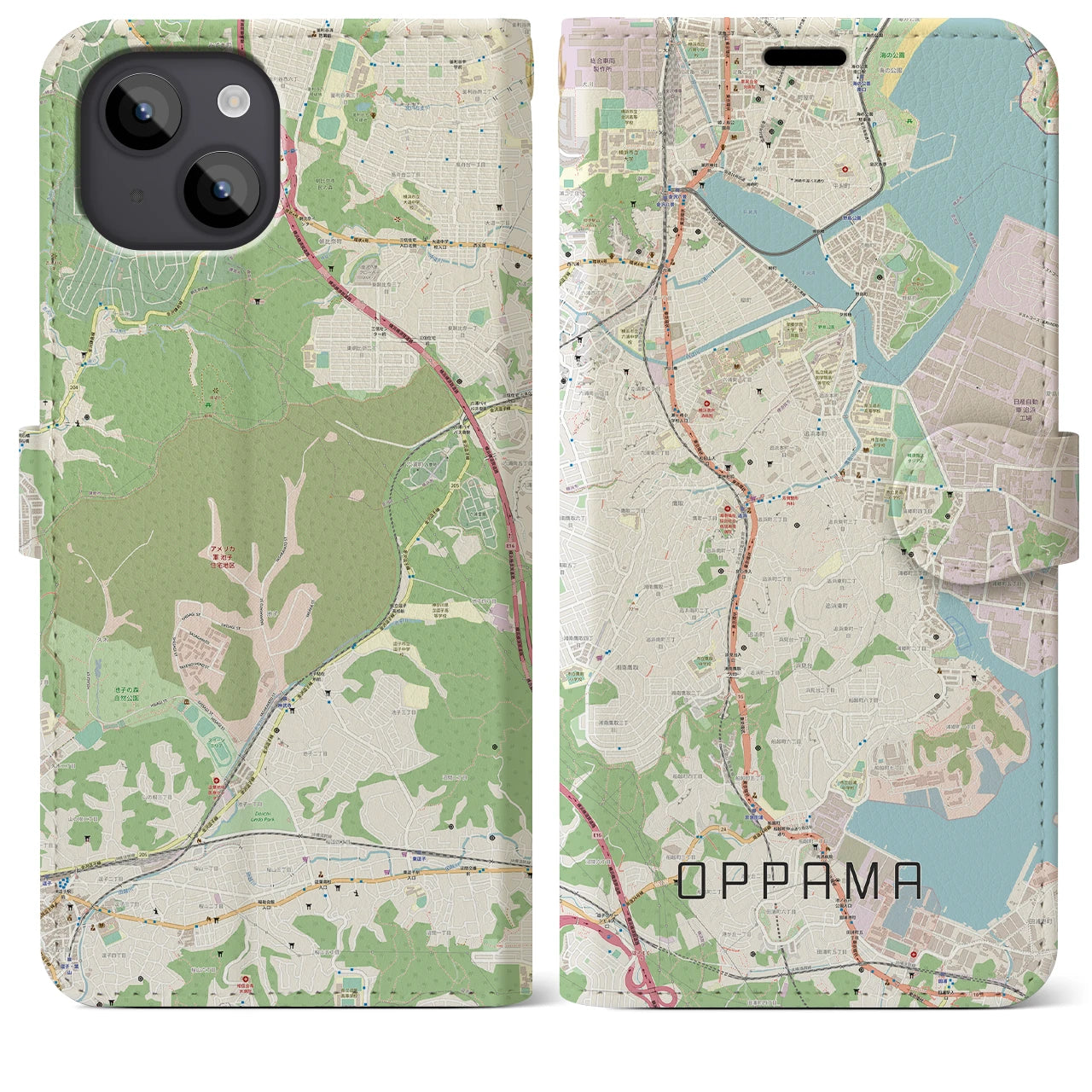 【追浜(神奈川県)】地図柄iPhoneケース(手帳タイプ)ナチュラル・iPhone 14 Plus 用