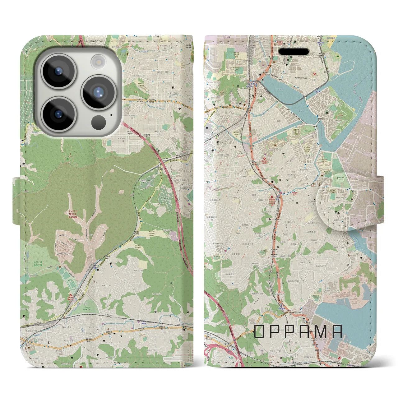 【追浜(神奈川県)】地図柄iPhoneケース(手帳タイプ)ナチュラル・iPhone 15 Pro 用