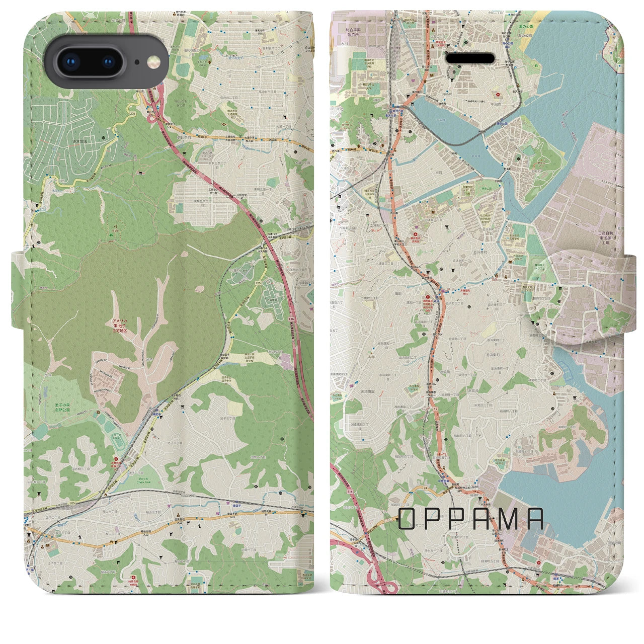 【追浜(神奈川県)】地図柄iPhoneケース(手帳タイプ)ナチュラル・iPhone 8Plus /7Plus / 6sPlus / 6Plus 用
