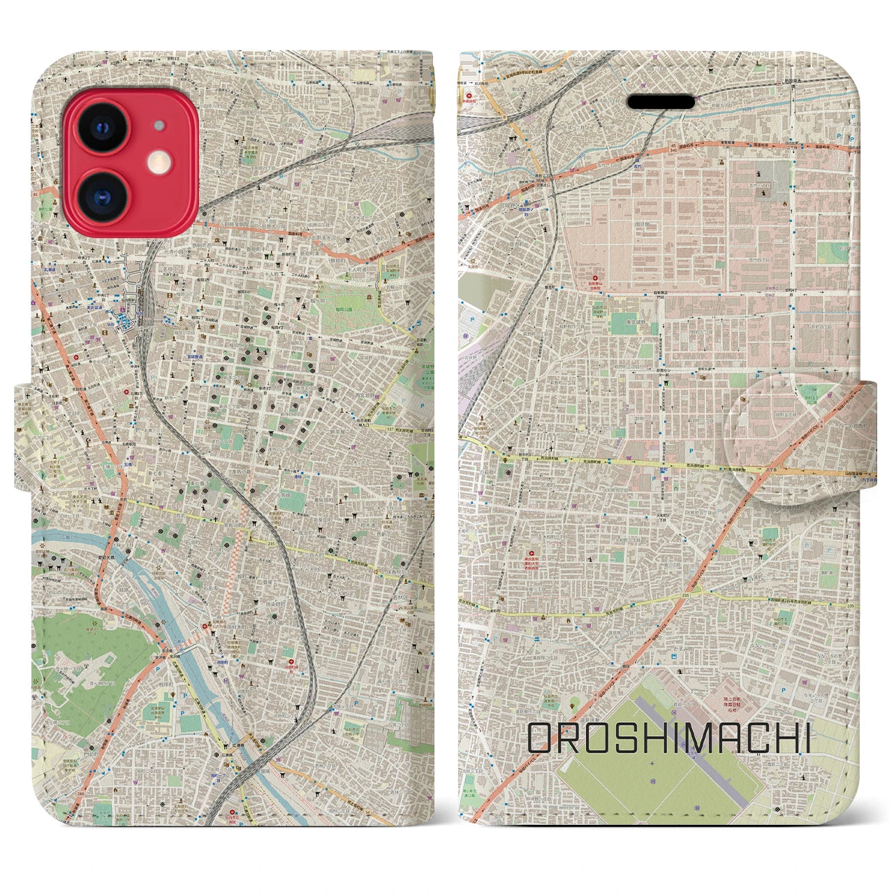 【卸町(宮城県)】地図柄iPhoneケース(手帳タイプ)ナチュラル・iPhone 11 用