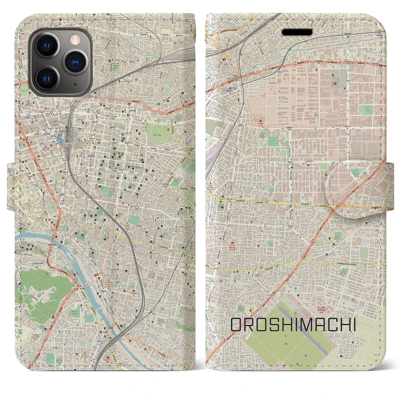 【卸町(宮城県)】地図柄iPhoneケース(手帳タイプ)ナチュラル・iPhone 11 Pro Max 用