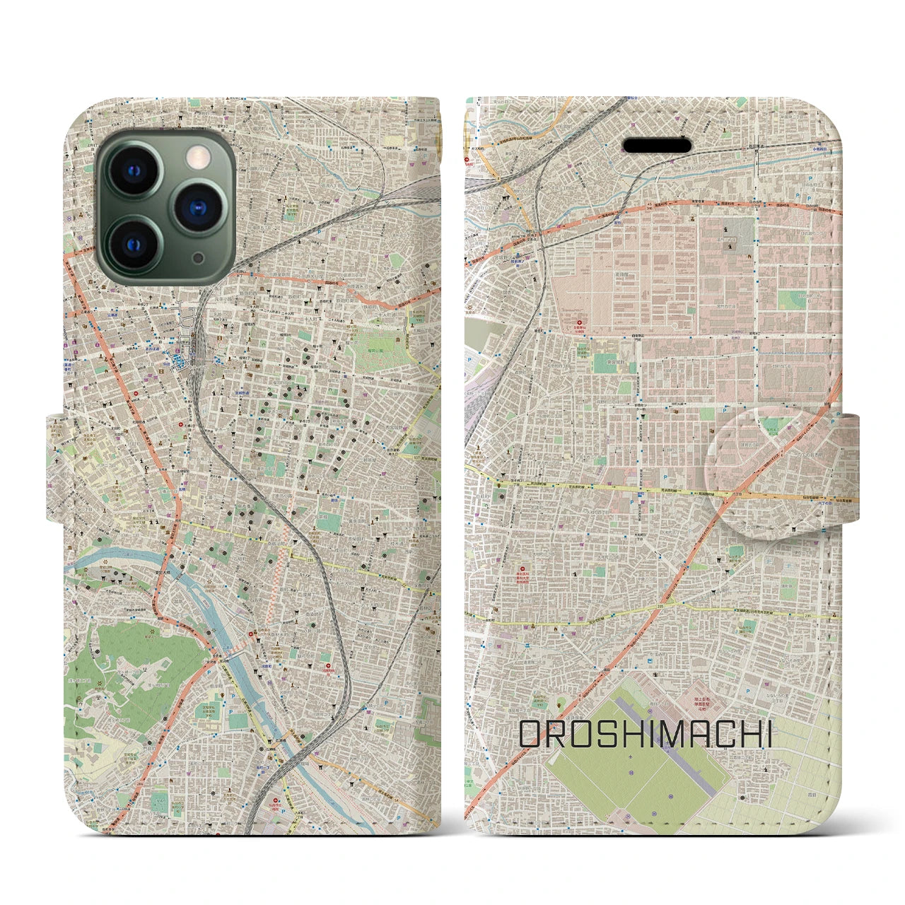 【卸町(宮城県)】地図柄iPhoneケース(手帳タイプ)ナチュラル・iPhone 11 Pro 用