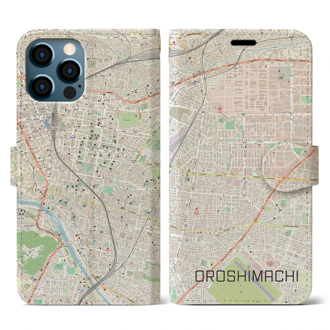 【卸町(宮城県)】地図柄iPhoneケース(手帳タイプ)ナチュラル・iPhone 12 / 12 Pro 用