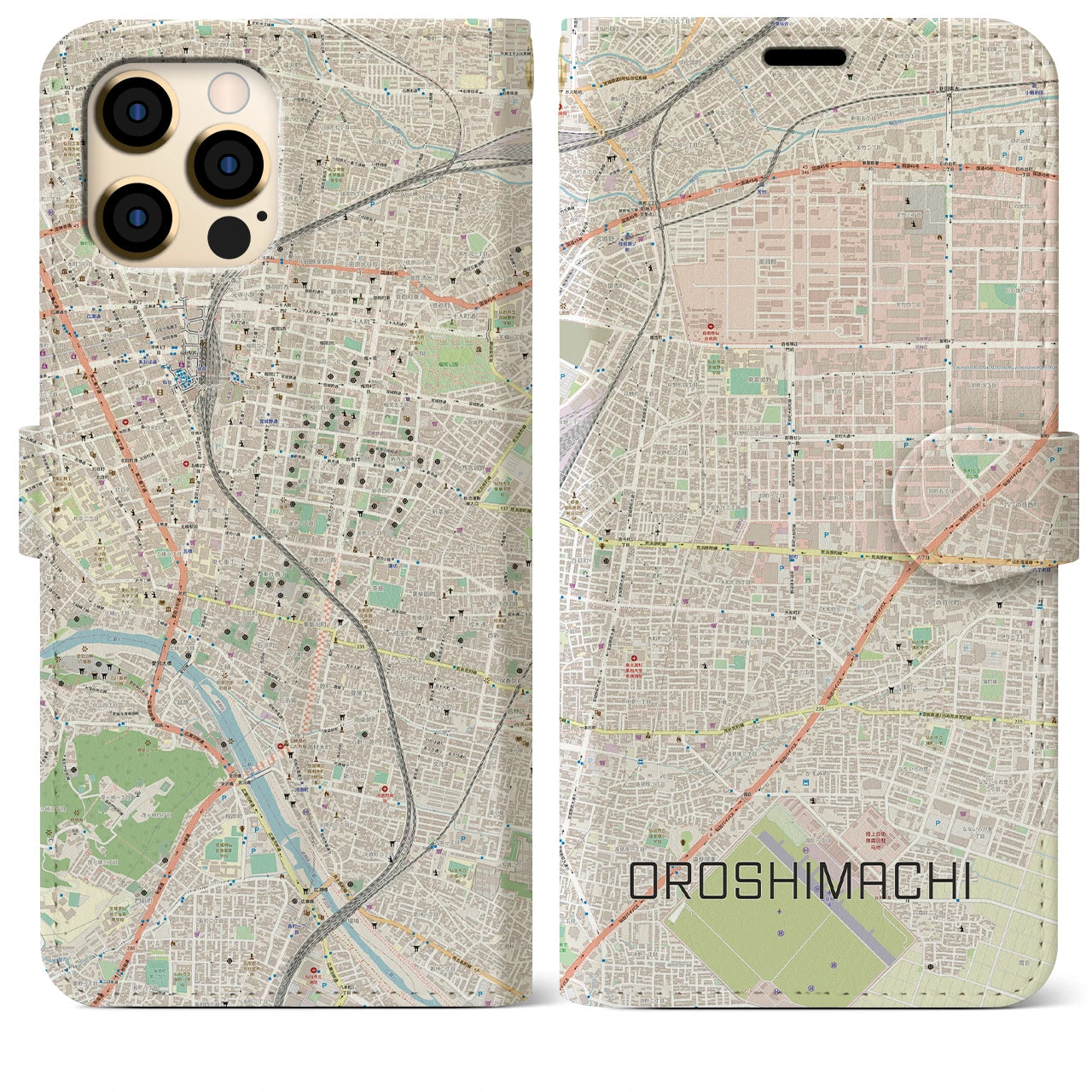 【卸町(宮城県)】地図柄iPhoneケース(手帳タイプ)ナチュラル・iPhone 12 Pro Max 用
