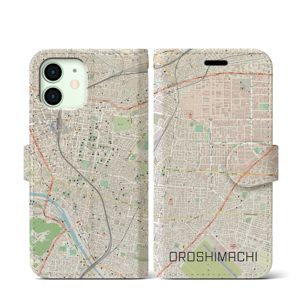 【卸町(宮城県)】地図柄iPhoneケース(手帳タイプ)ナチュラル・iPhone 12 mini 用
