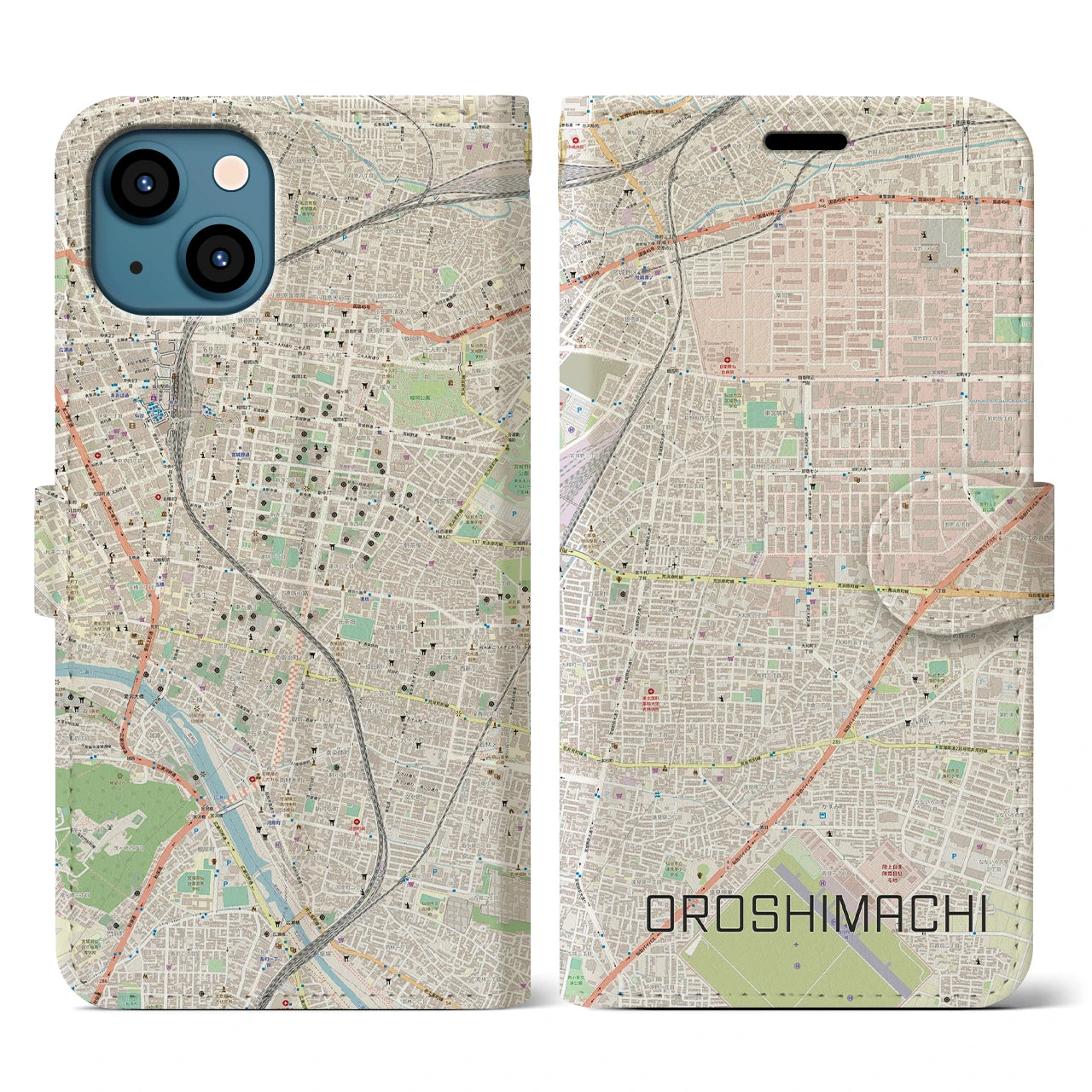 【卸町(宮城県)】地図柄iPhoneケース(手帳タイプ)ナチュラル・iPhone 13 用