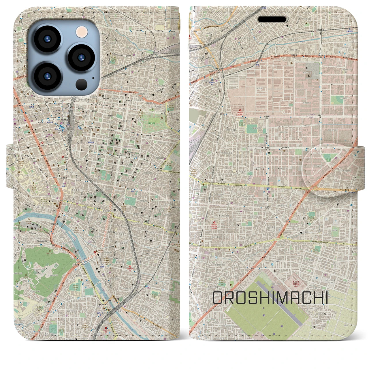 【卸町(宮城県)】地図柄iPhoneケース(手帳タイプ)ナチュラル・iPhone 13 Pro Max 用
