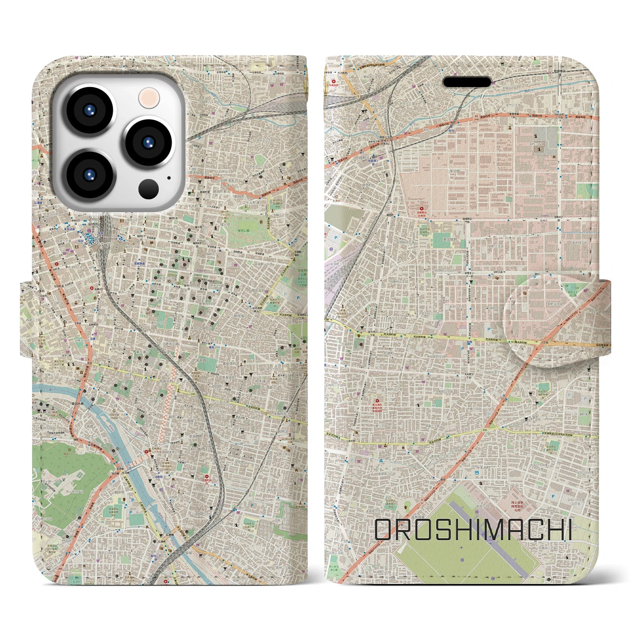【卸町(宮城県)】地図柄iPhoneケース(手帳タイプ)ナチュラル・iPhone 13 Pro 用