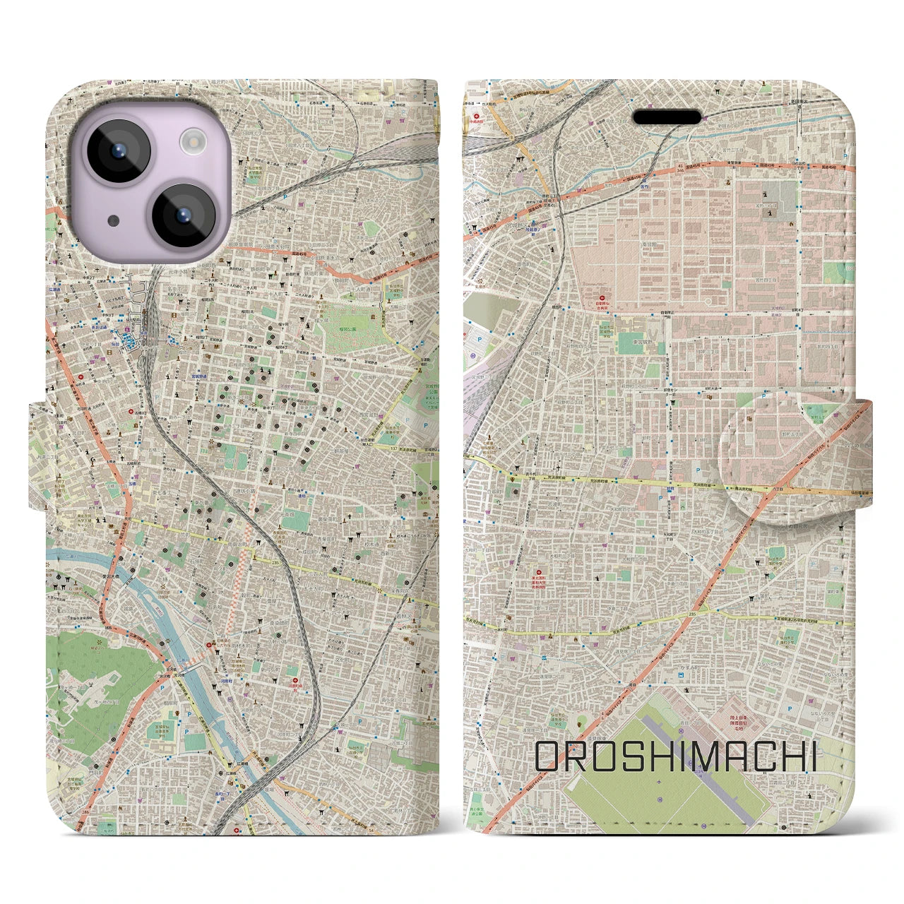 【卸町(宮城県)】地図柄iPhoneケース(手帳タイプ)ナチュラル・iPhone 14 用