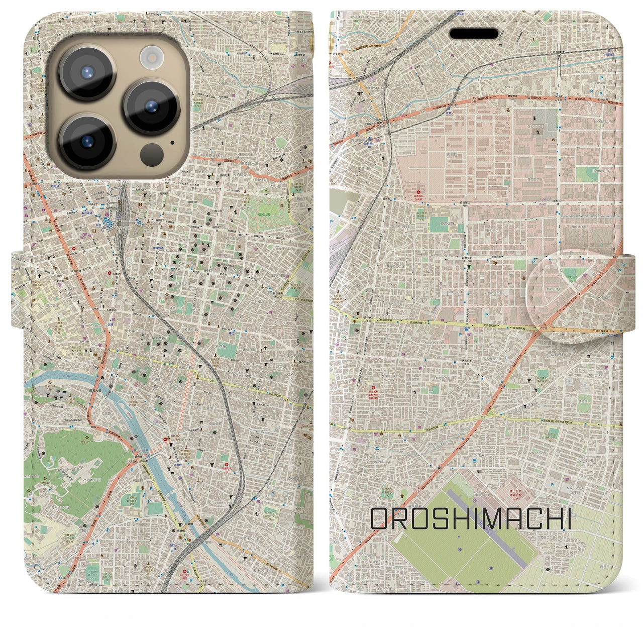 【卸町(宮城県)】地図柄iPhoneケース(手帳タイプ)ナチュラル・iPhone 14 Pro Max 用