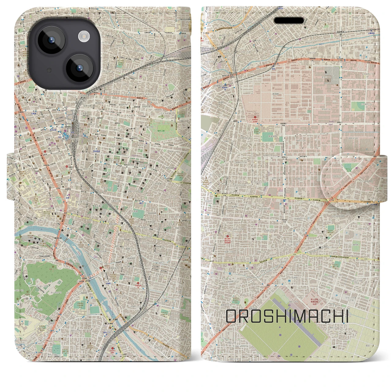 【卸町(宮城県)】地図柄iPhoneケース(手帳タイプ)ナチュラル・iPhone 14 Plus 用