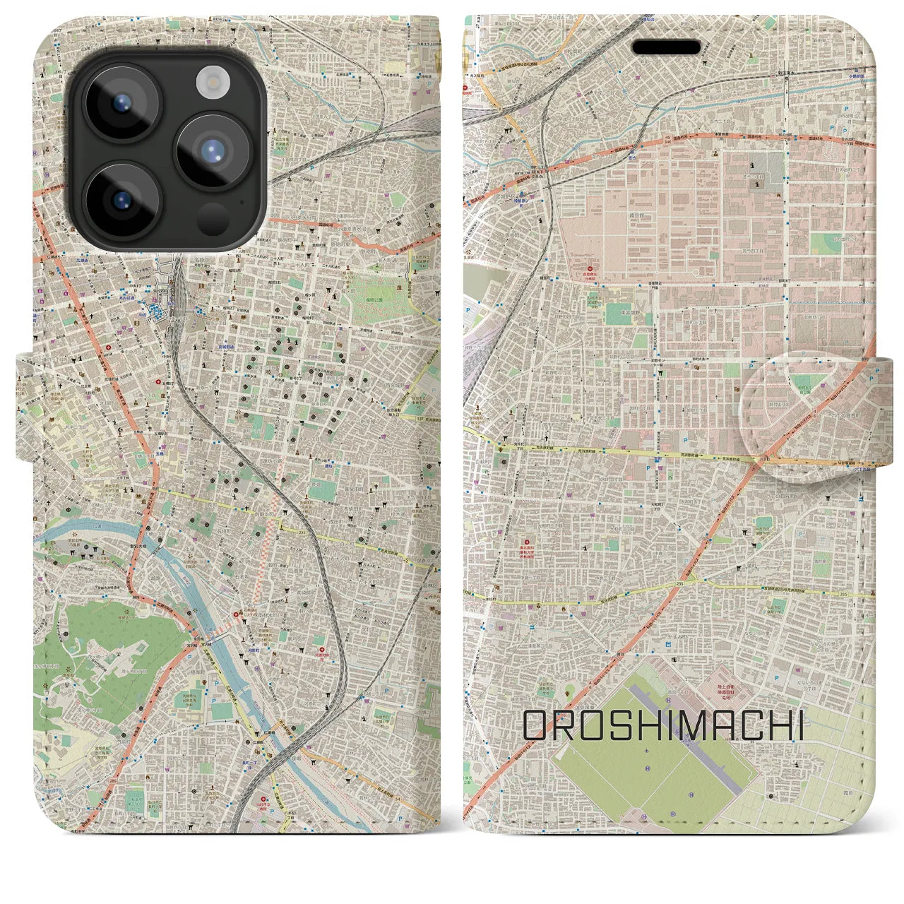 【卸町(宮城県)】地図柄iPhoneケース(手帳タイプ)ナチュラル・iPhone 15 Pro Max 用