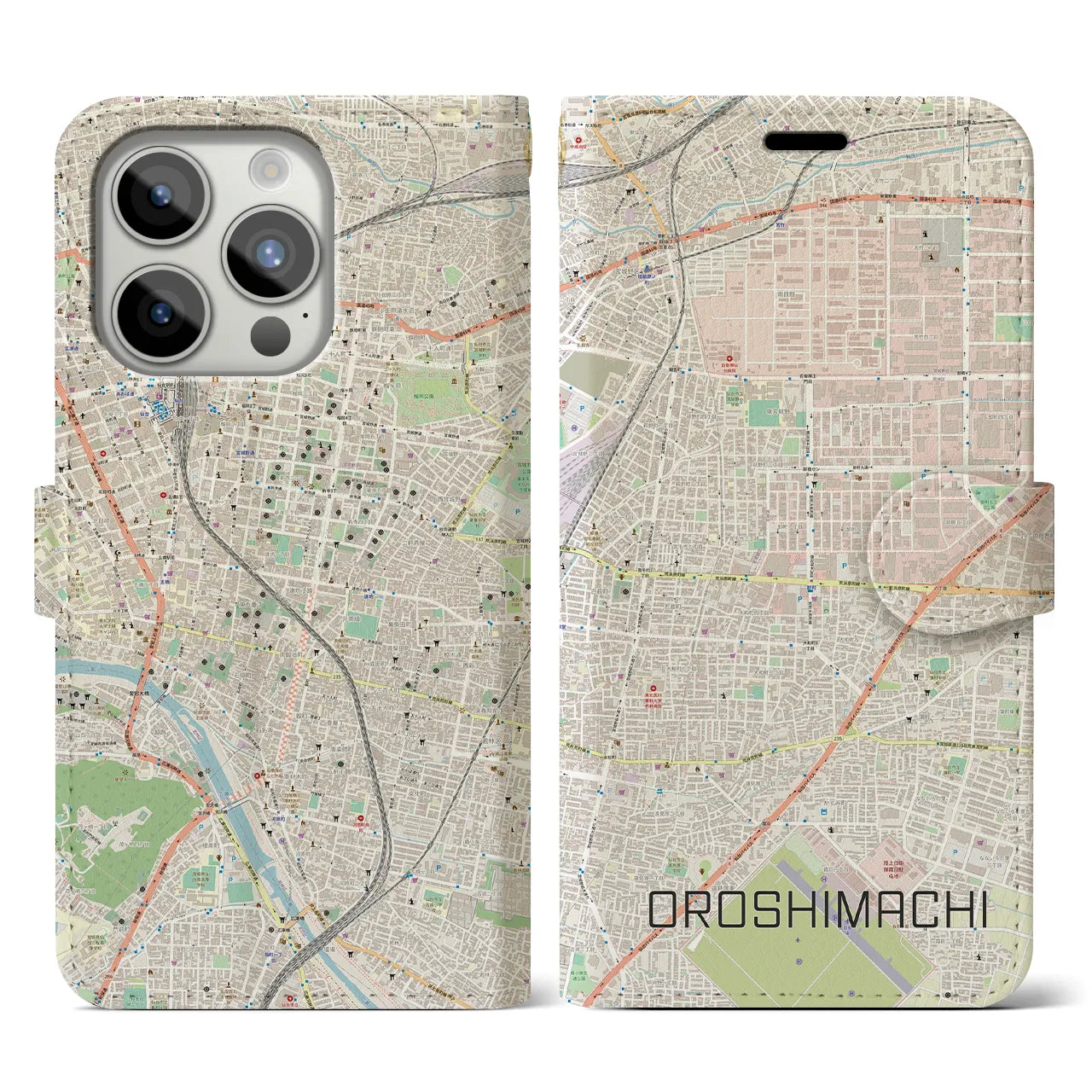 【卸町(宮城県)】地図柄iPhoneケース(手帳タイプ)ナチュラル・iPhone 15 Pro 用