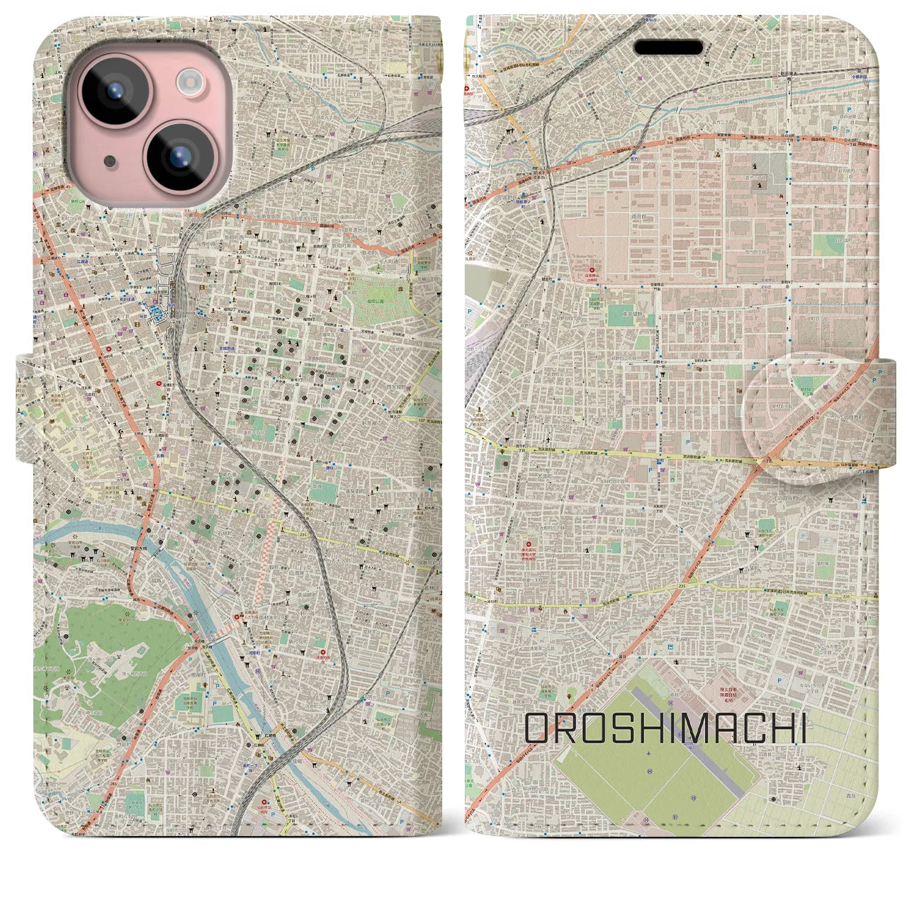 【卸町(宮城県)】地図柄iPhoneケース(手帳タイプ)ナチュラル・iPhone 15 Plus 用