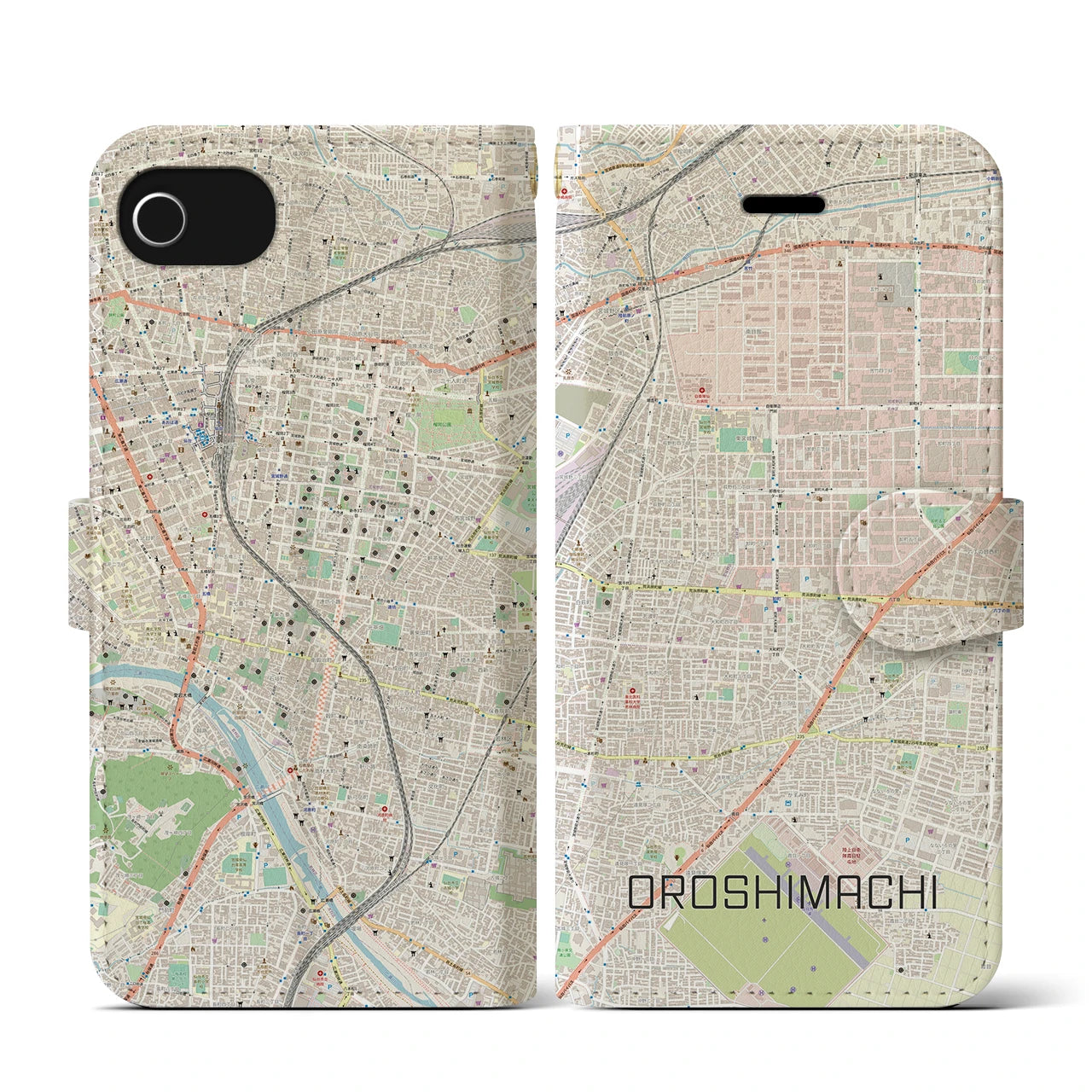 【卸町(宮城県)】地図柄iPhoneケース(手帳タイプ)ナチュラル・iPhone SE(第3 / 第2世代) / 8 / 7 / 6s / 6 用