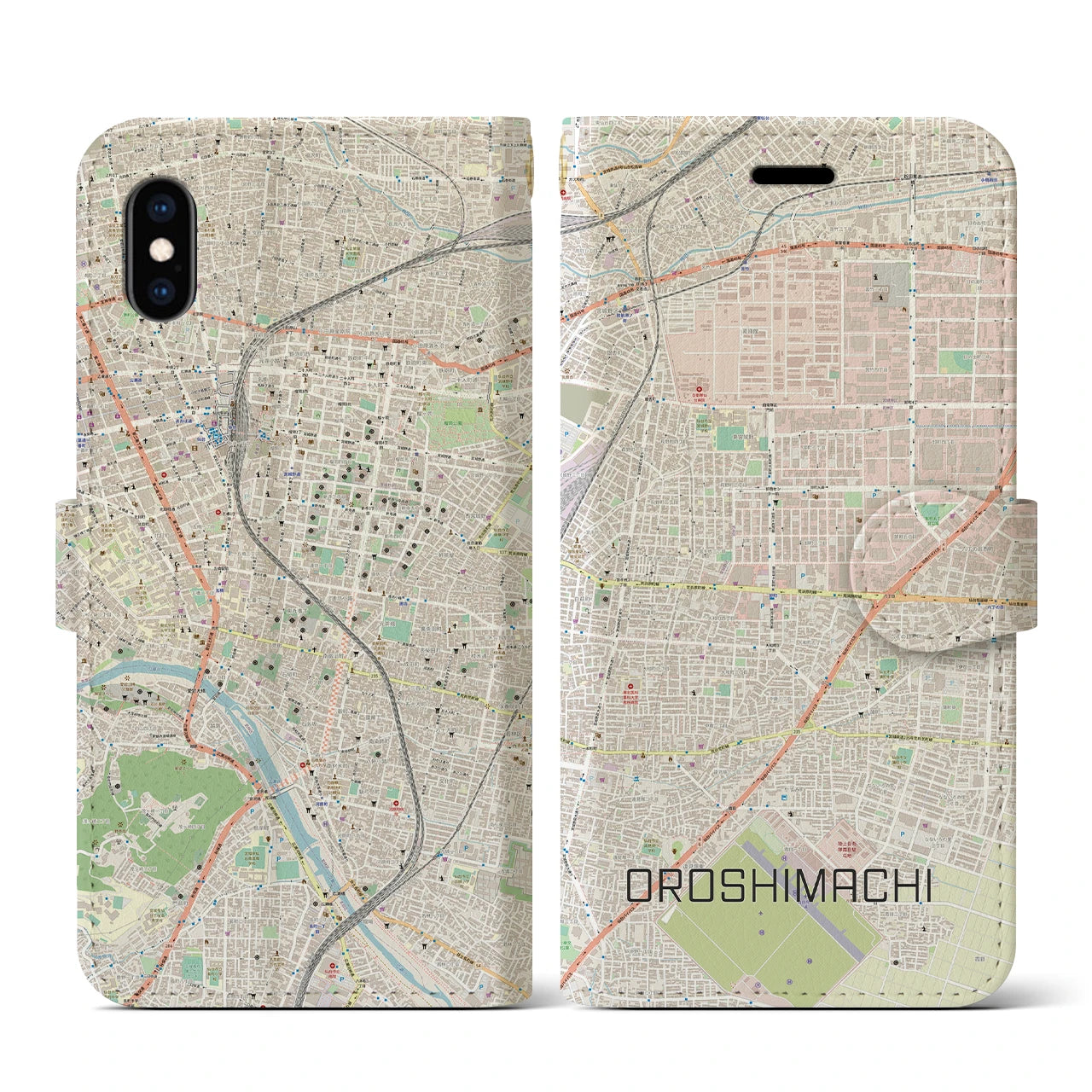 【卸町(宮城県)】地図柄iPhoneケース(手帳タイプ)ナチュラル・iPhone XS / X 用