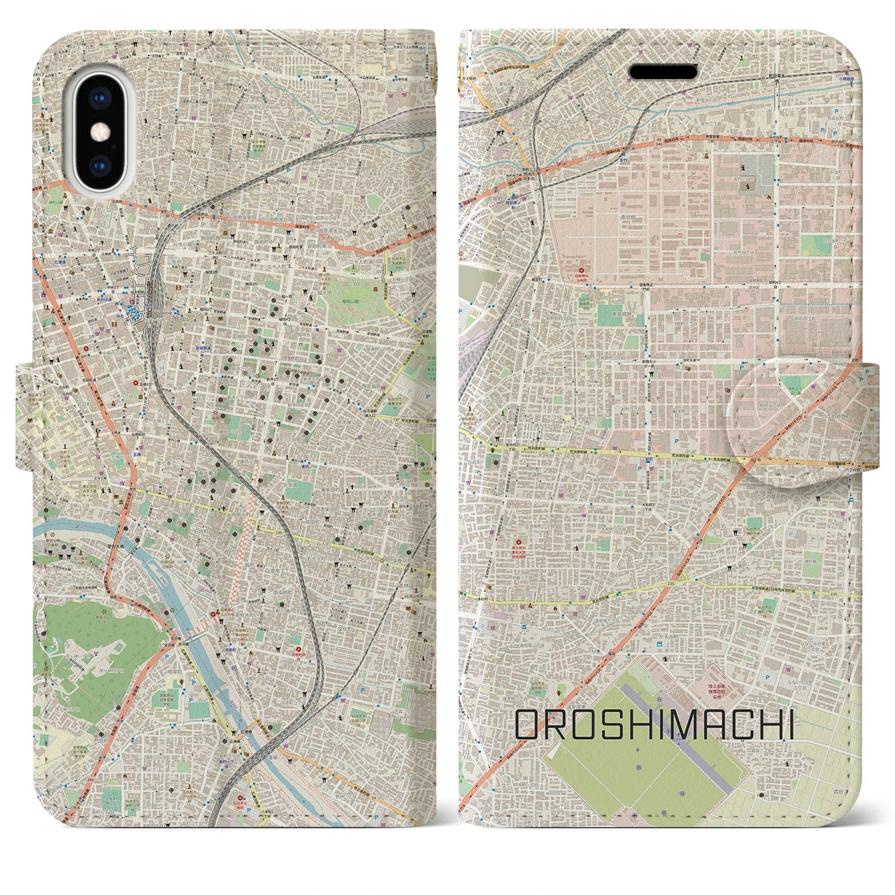 【卸町(宮城県)】地図柄iPhoneケース(手帳タイプ)ナチュラル・iPhone XS Max 用