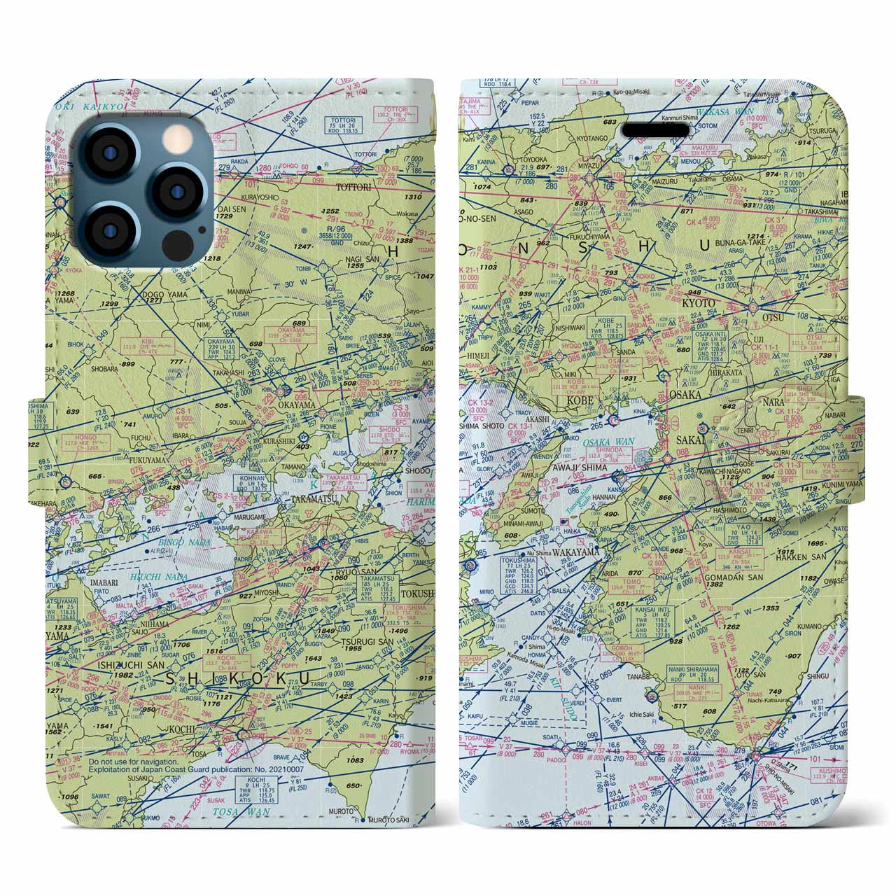 【大阪航空図(大阪府)】航空図iPhoneケース(手帳タイプ)デイタイムフライト・iPhone 12 / 12 Pro 用