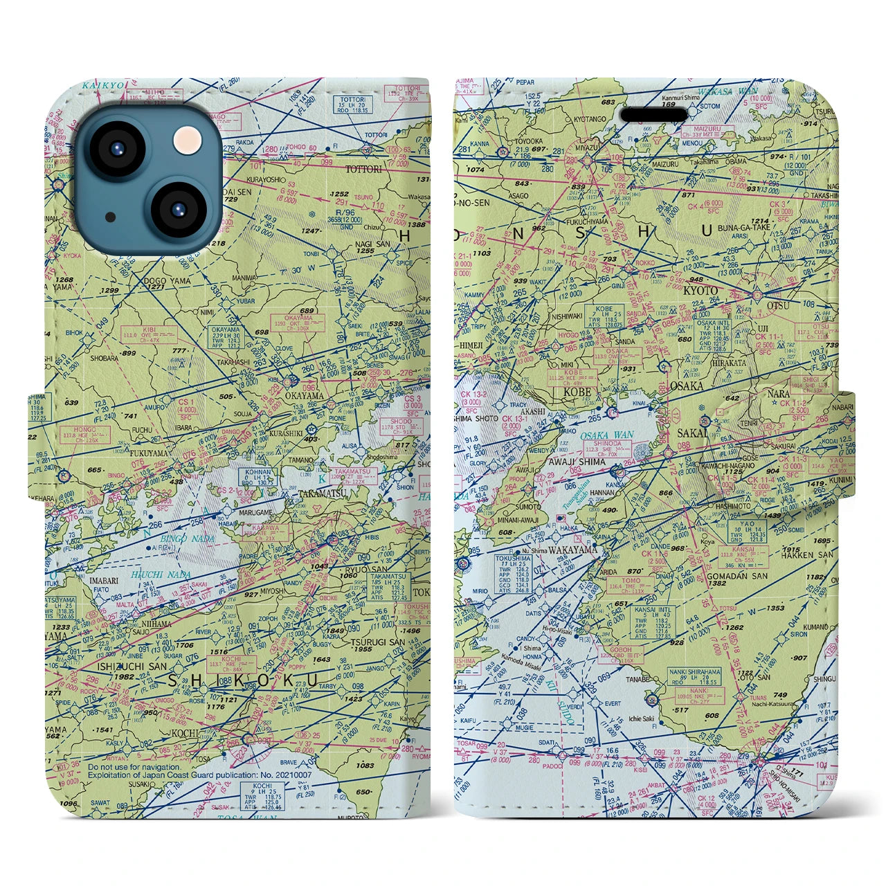 【大阪航空図(大阪府)】航空図iPhoneケース(手帳タイプ)デイタイムフライト・iPhone 13 用