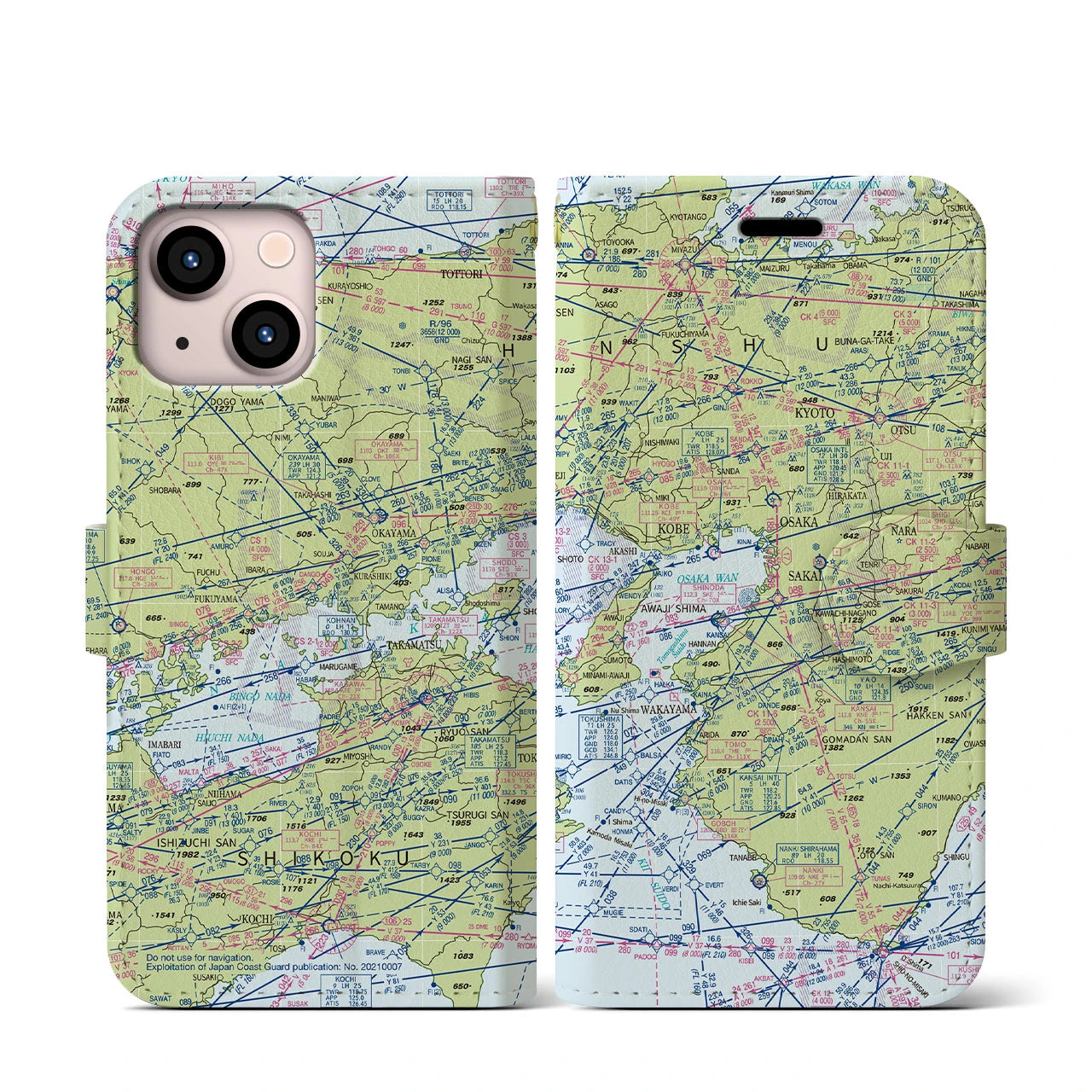 【大阪航空図(大阪府)】航空図iPhoneケース(手帳タイプ)デイタイムフライト・iPhone 13 mini 用